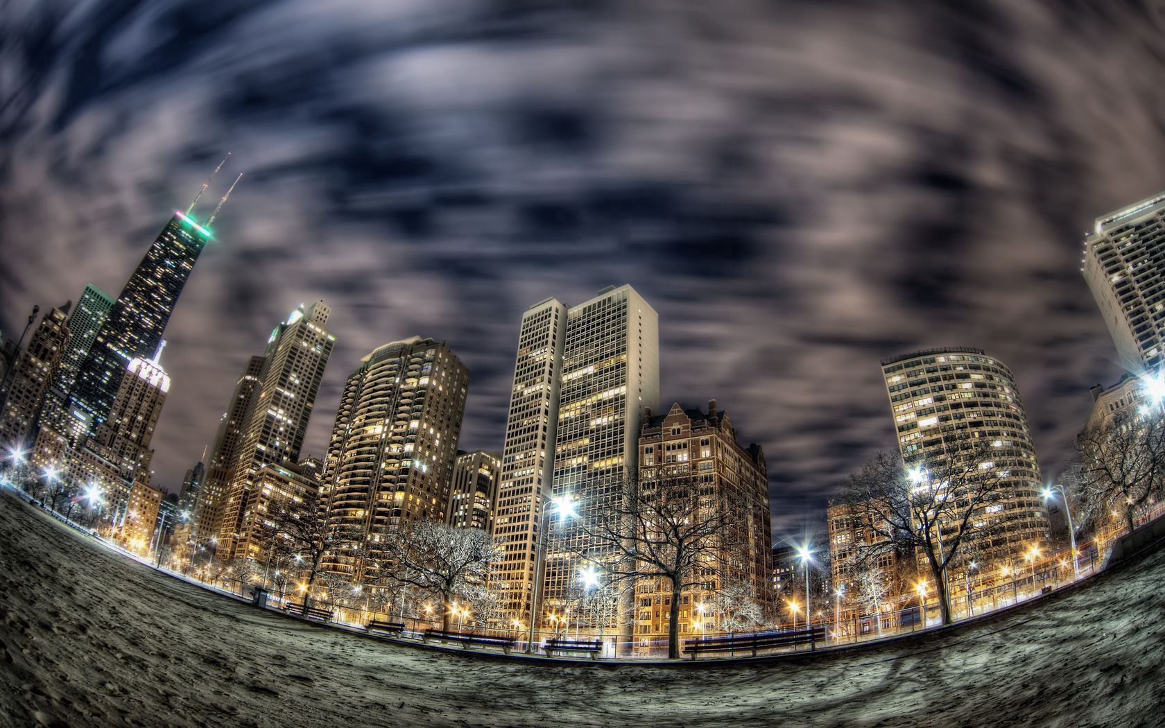 cities, building, lights, night city, skyscrapers, chicago, fish eye iphone wallpaper