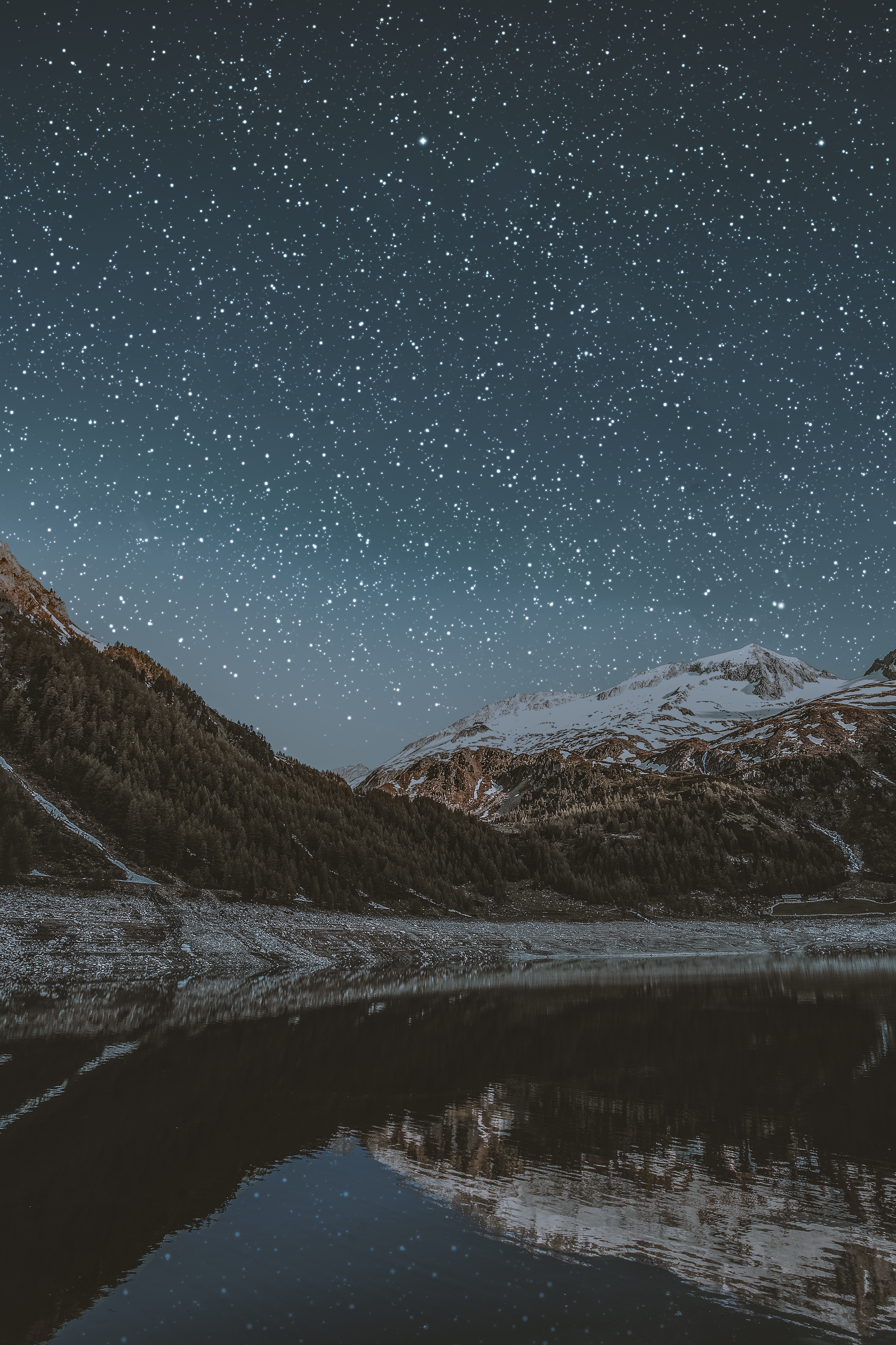 lake, snow covered, nature, mountains, night, starry sky, snowbound Full HD