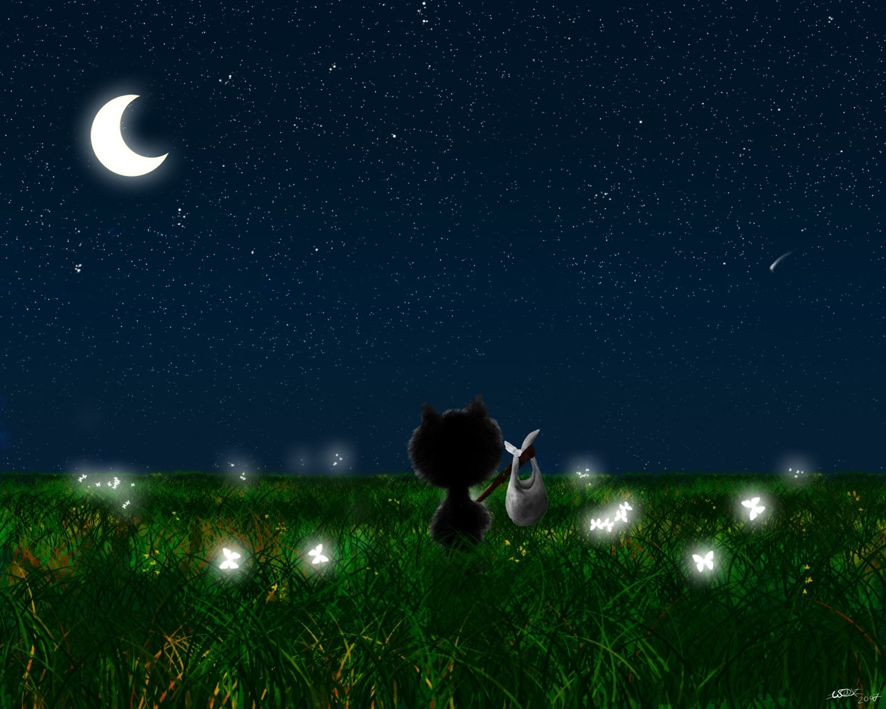 Скачать картинку Трава, Ночь, Пейзаж, Луна, Кошки (Коты Котики), Рисунки в телефон бесплатно.