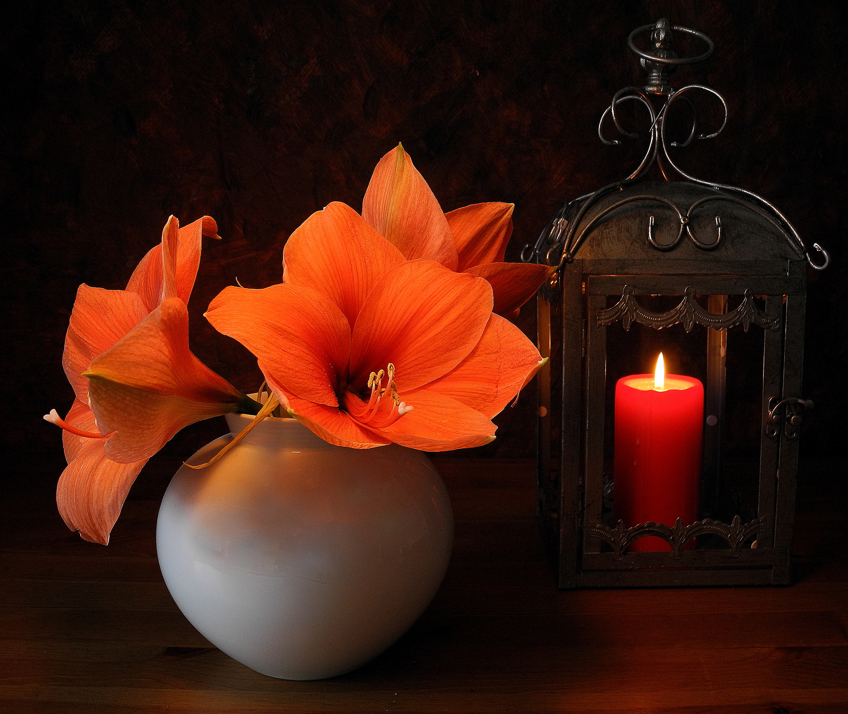 lamp, photography, still life, candle, lantern, lily, orange flower, vase