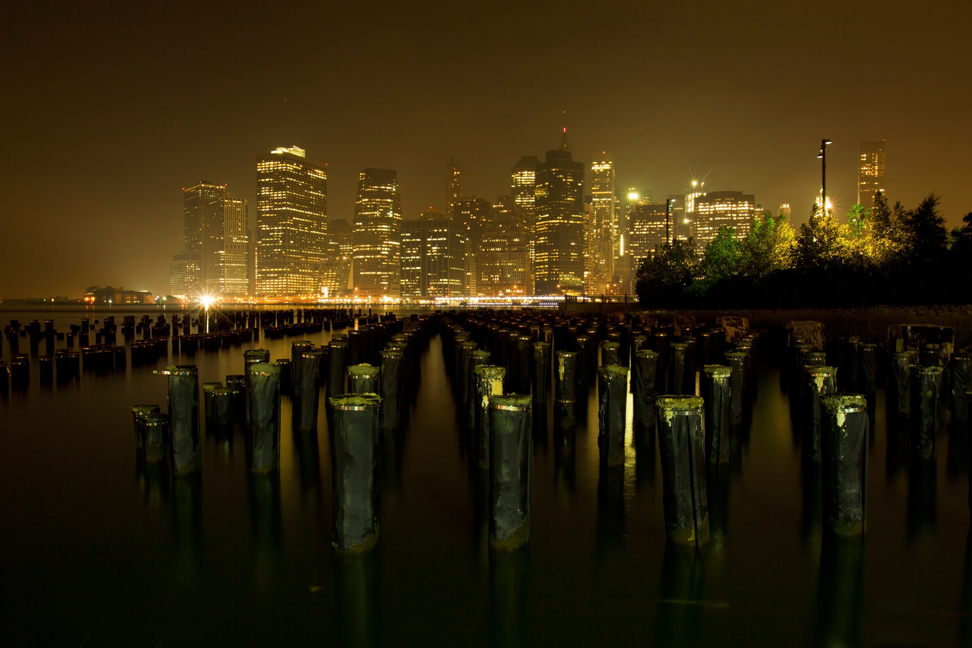 cities, rivers, night, building, new york Desktop Wallpaper