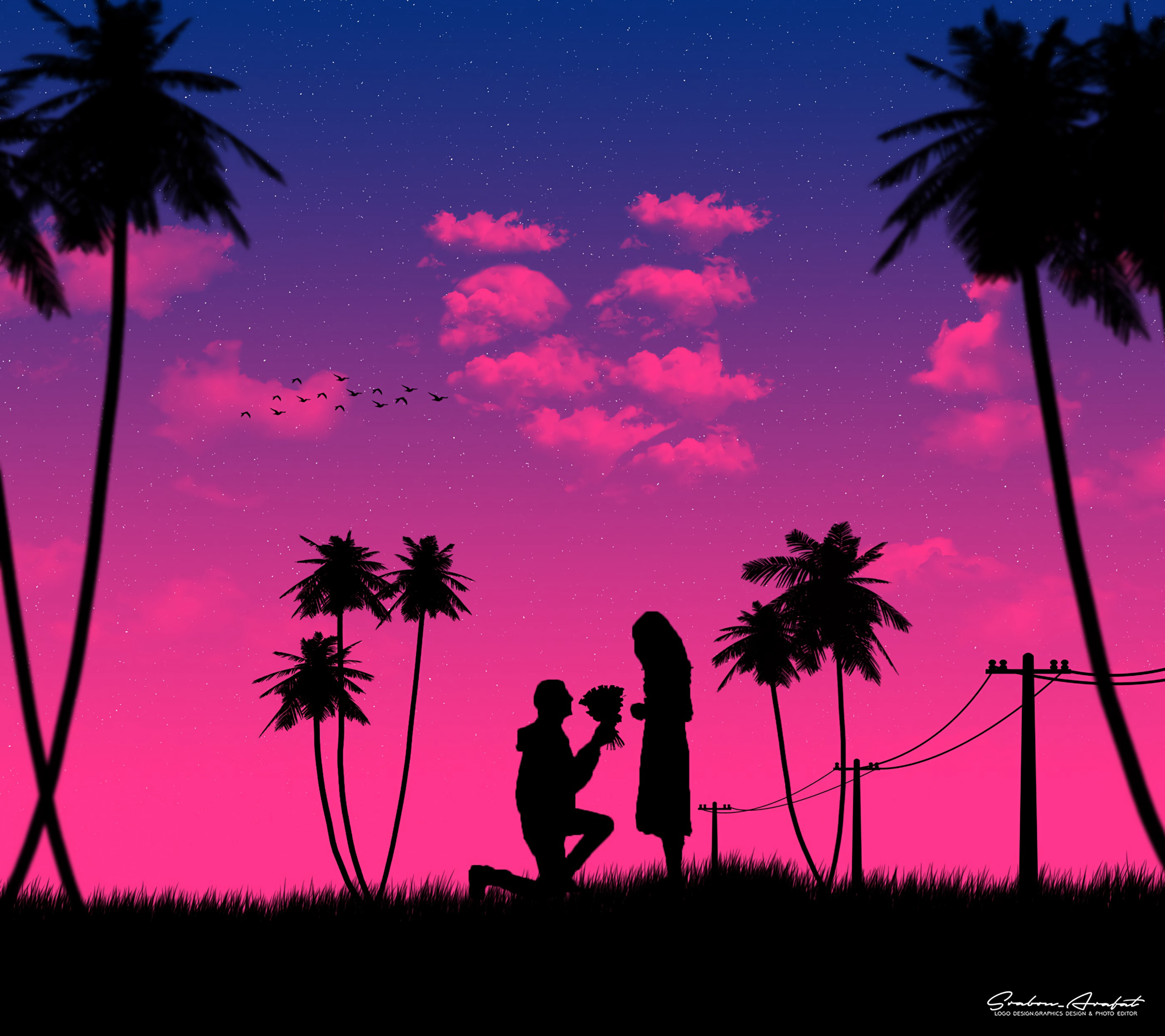 romance, love, couple, art, night, pair, silhouettes wallpapers for tablet