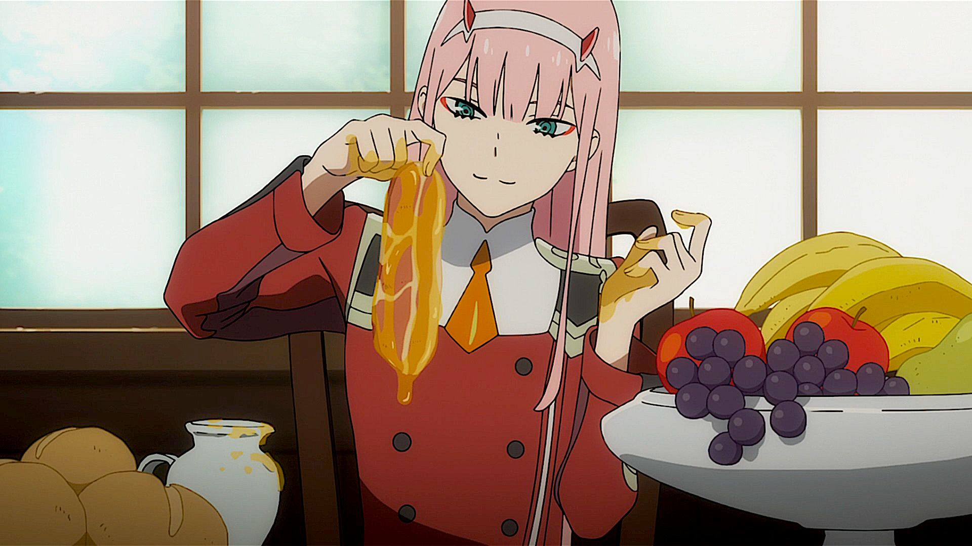 zero two (darling in the franxx), horns, anime, darling in the franxx, apple, banana, bread, grapes, green eyes, pink hair