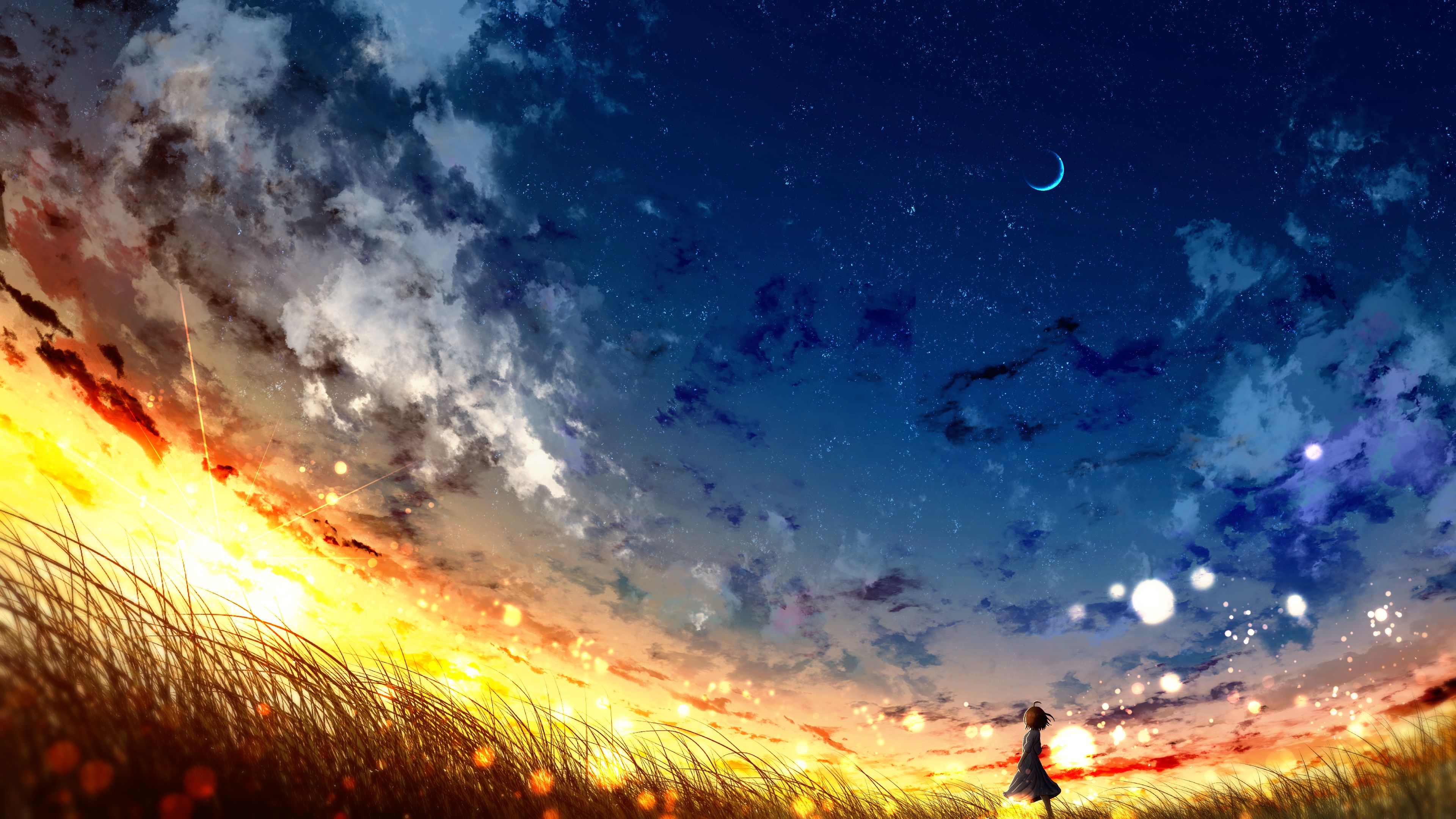 Full HD art, girl, loneliness, night, moon, alone, lonely