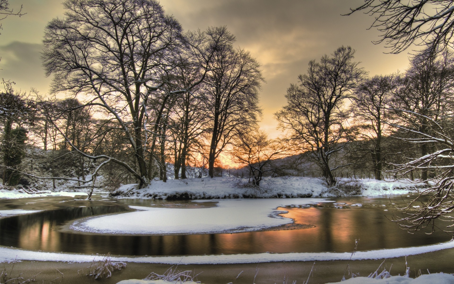 Download mobile wallpaper Snow, Landscape, Rivers, Winter, Trees for free.