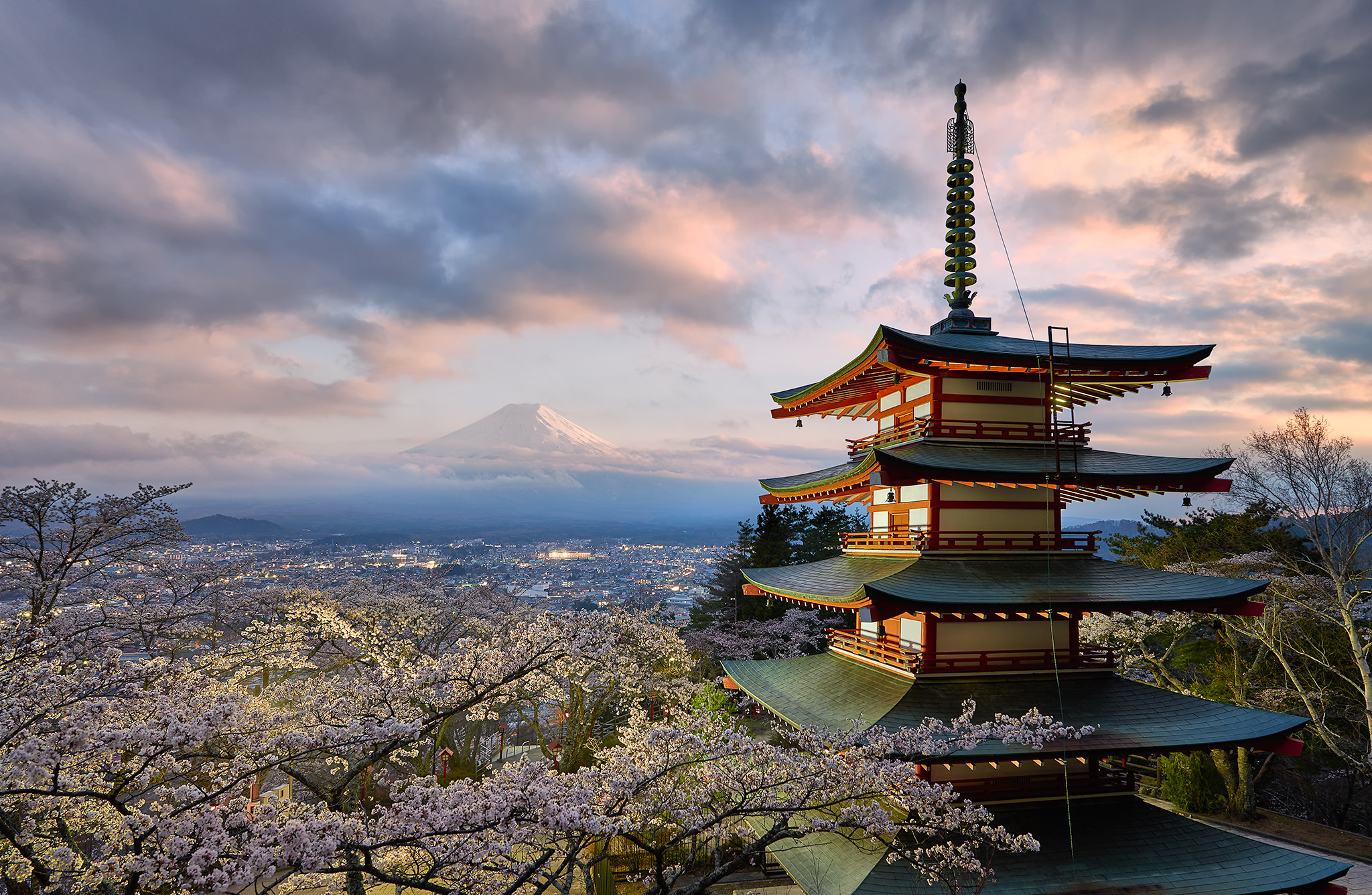 Download mobile wallpaper Landscape, Pagoda, Temple, Spring, Mount Fuji, Religious for free.