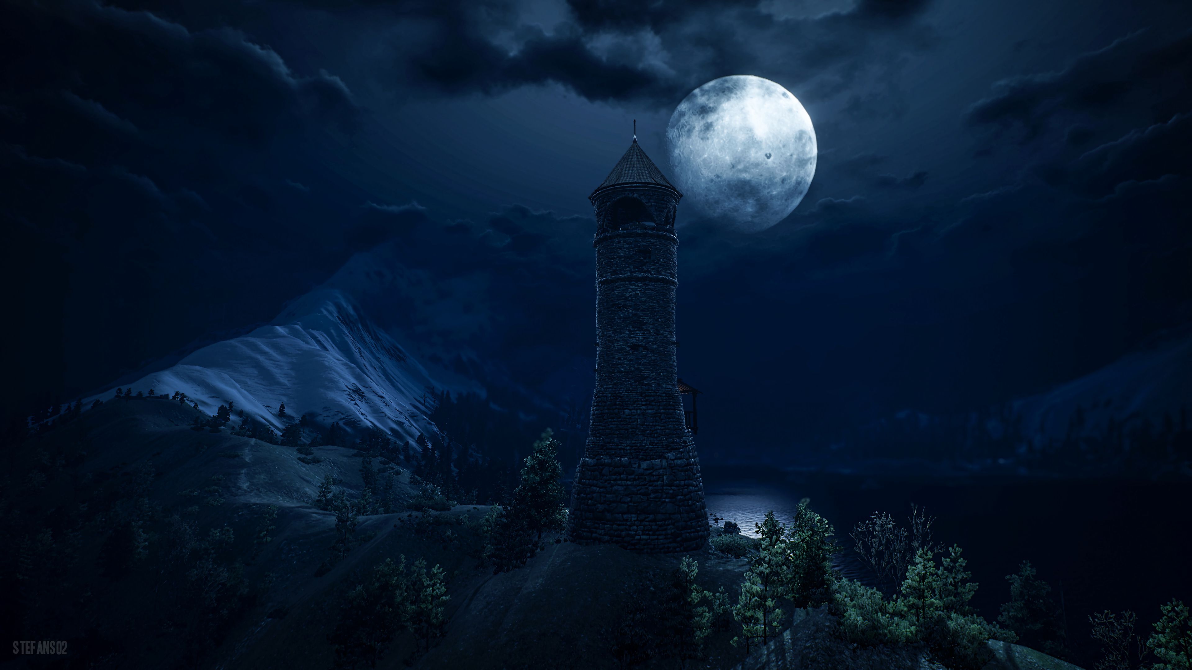 fantastic, tower, dark, art, lighthouse, full moon Full HD