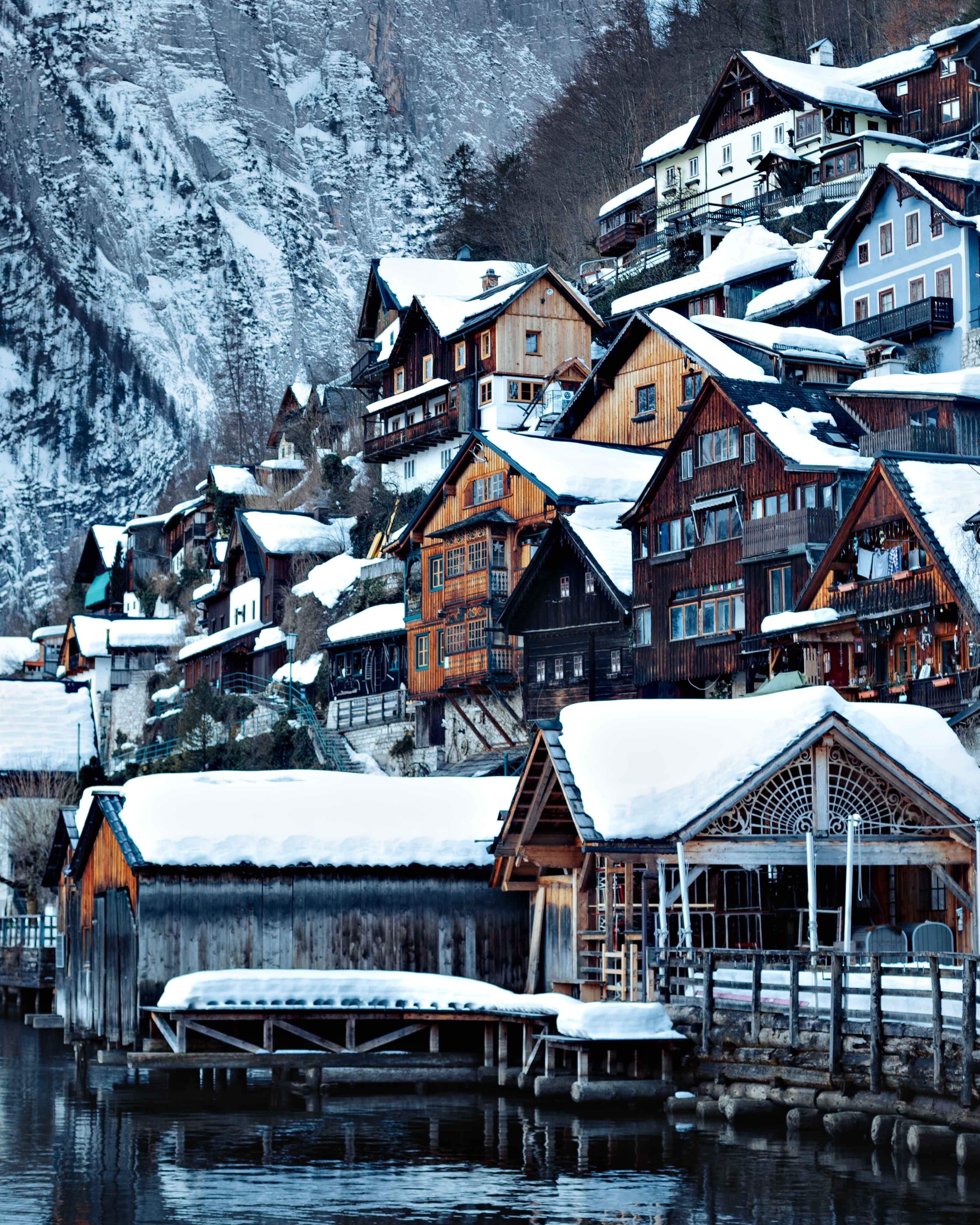 Download mobile wallpaper Village, Building, Cities, Snow, Winter, Nature for free.