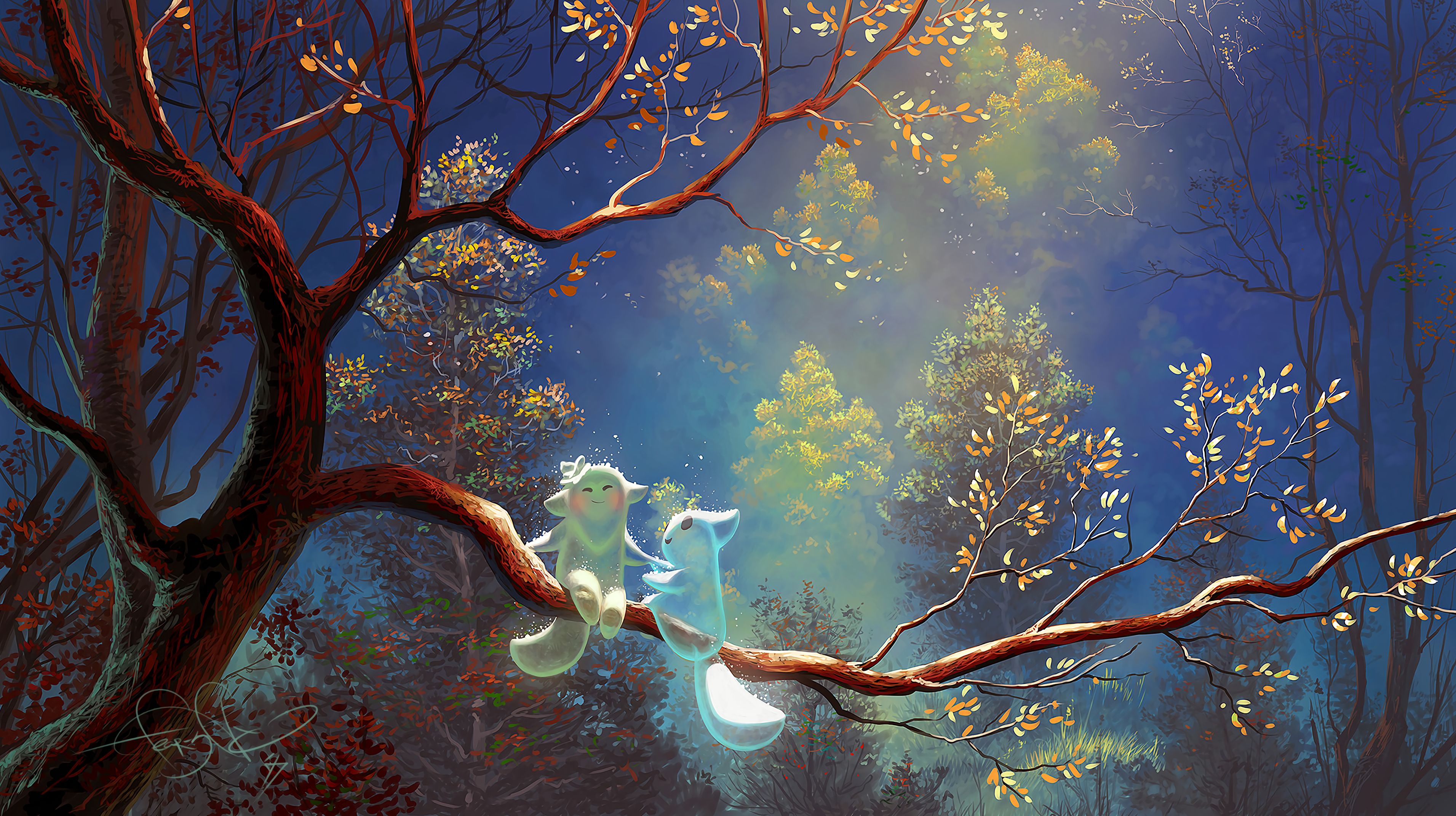 fantasy, art, magic, tree, wood, branch, beasts for android