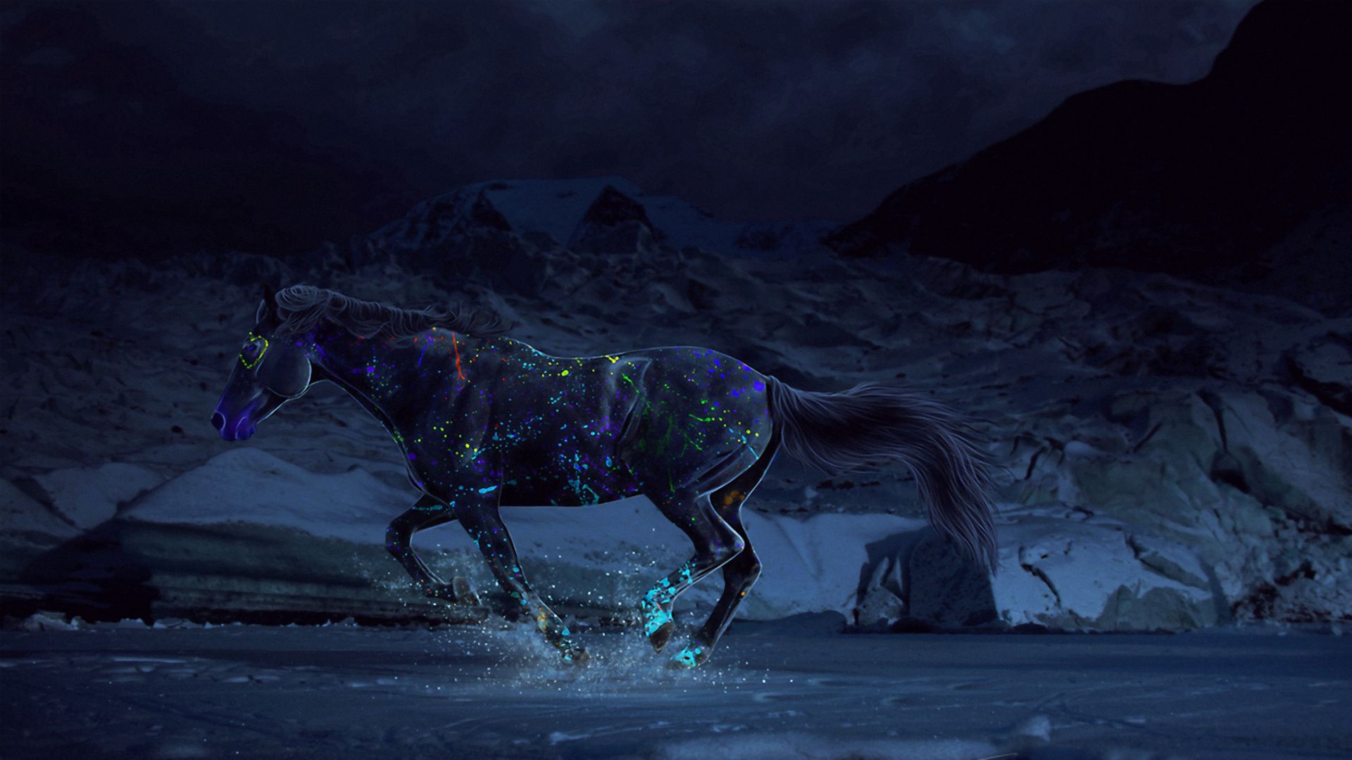 125566 скачать обои вода, фэнтези, ночь, краски, лошадь, галоп - заставки и картинки бесплатно