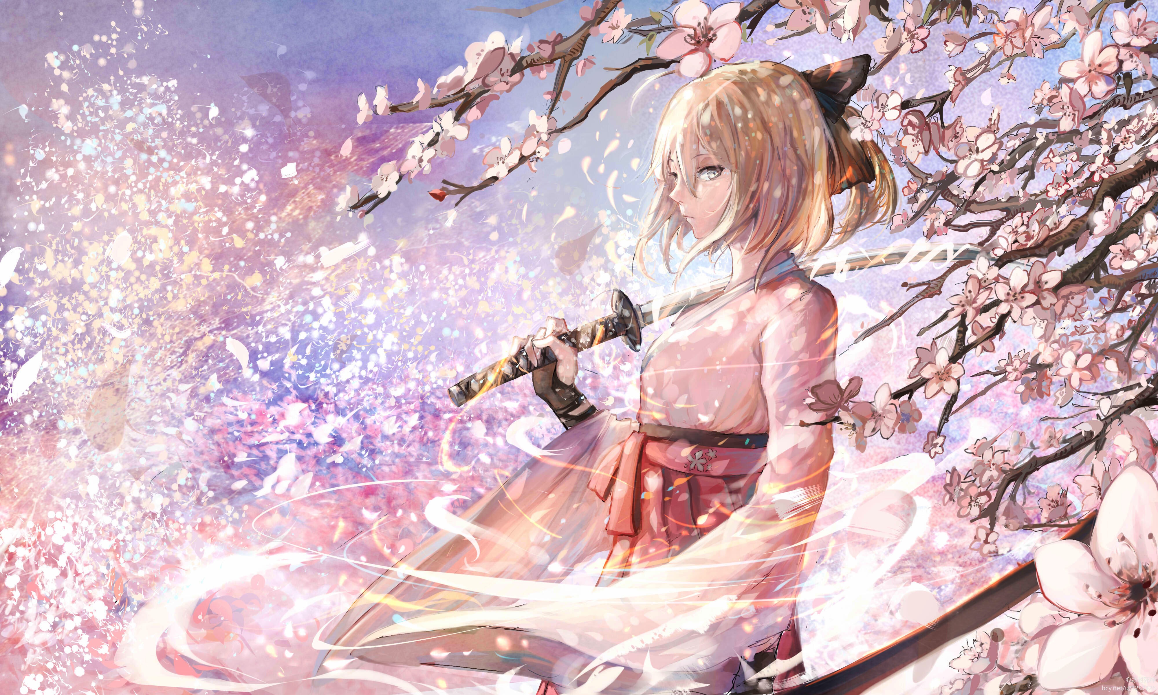 fate/grand order, saber (fate series), fate series, blonde, anime, fate (series), katana, kimono, okita sōji, sakura blossom images