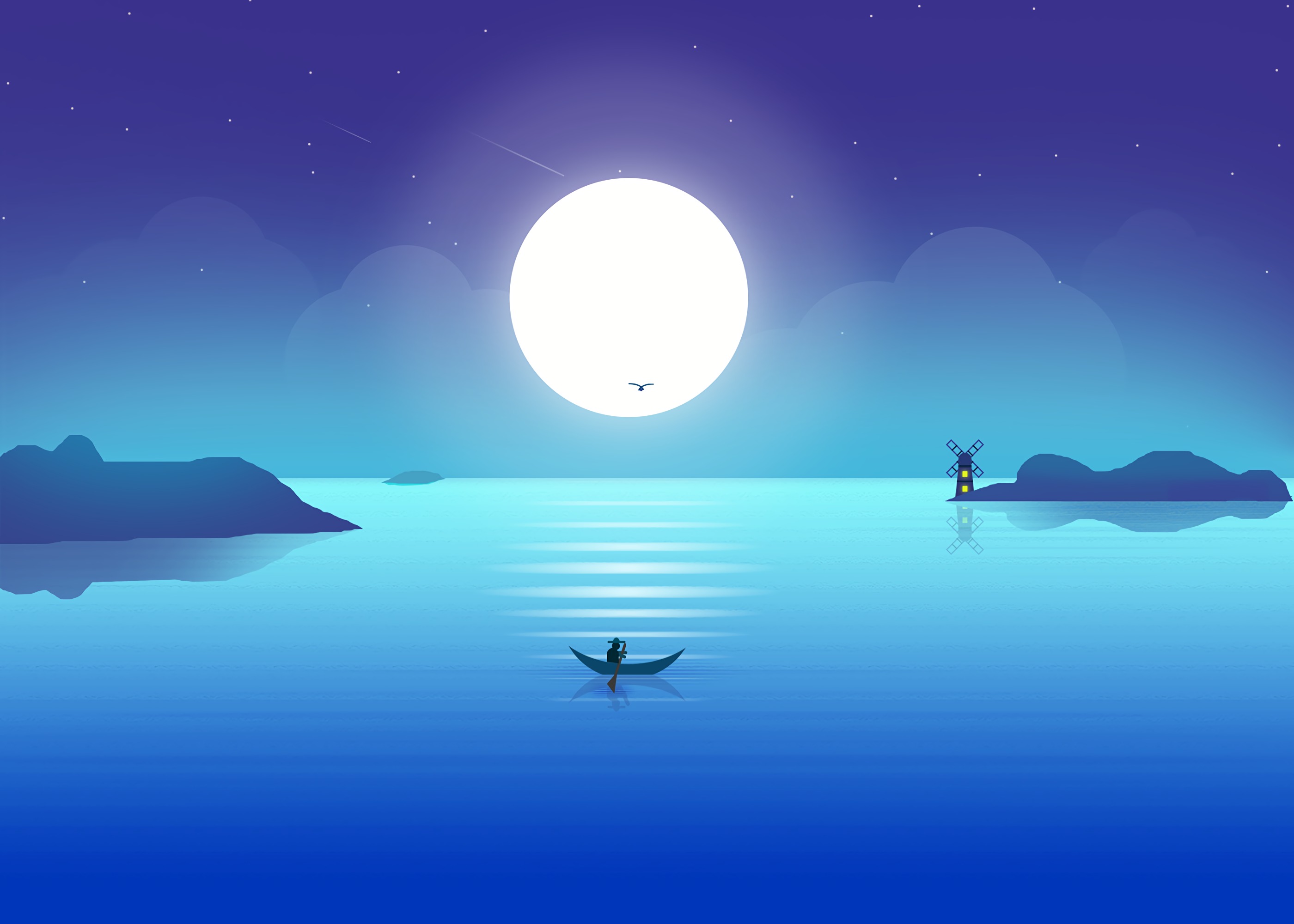 horizon, fisherman, moon, art, boat wallpaper for mobile