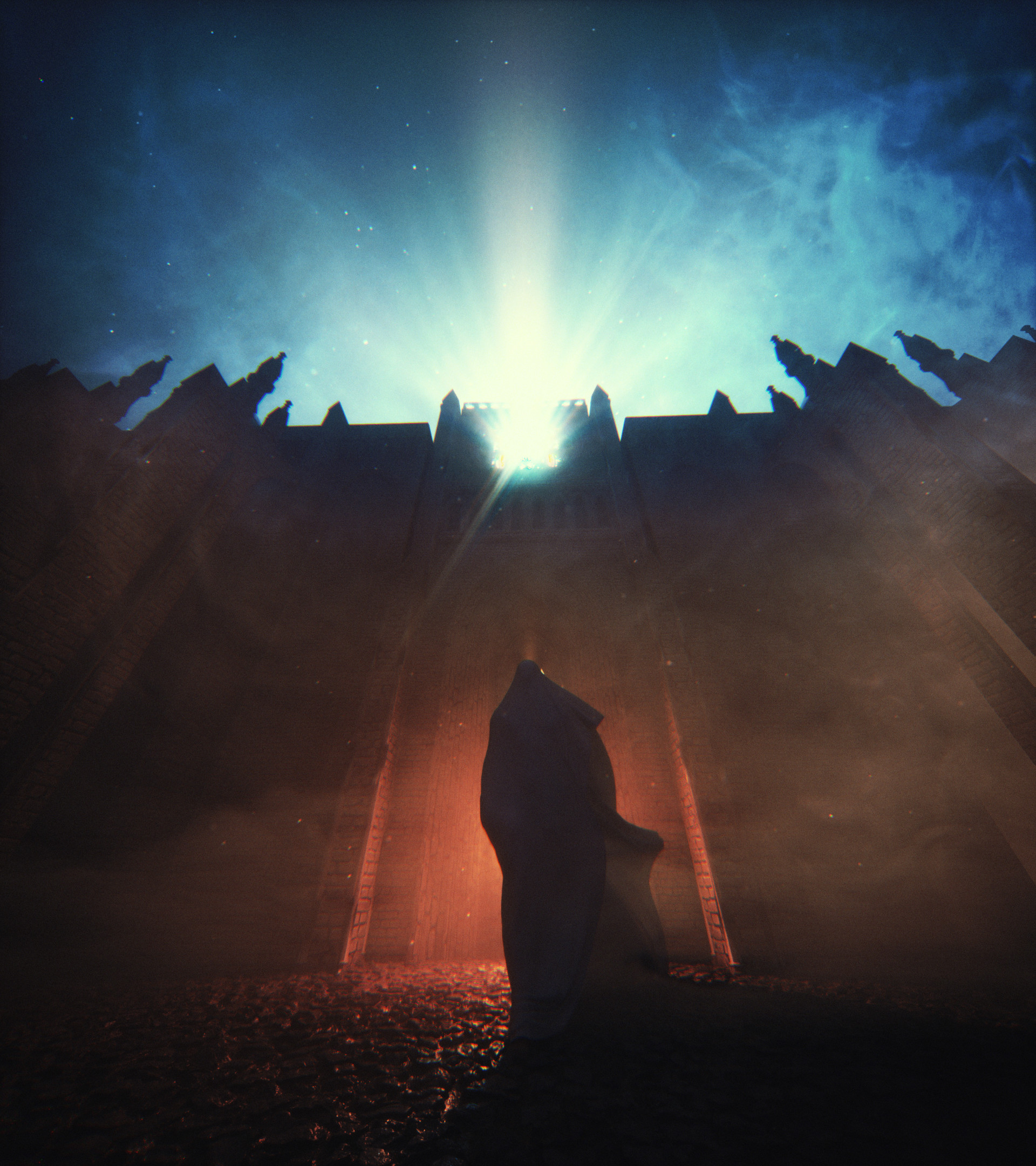 fantasy, night, shining, fortress, silhouette, mantle