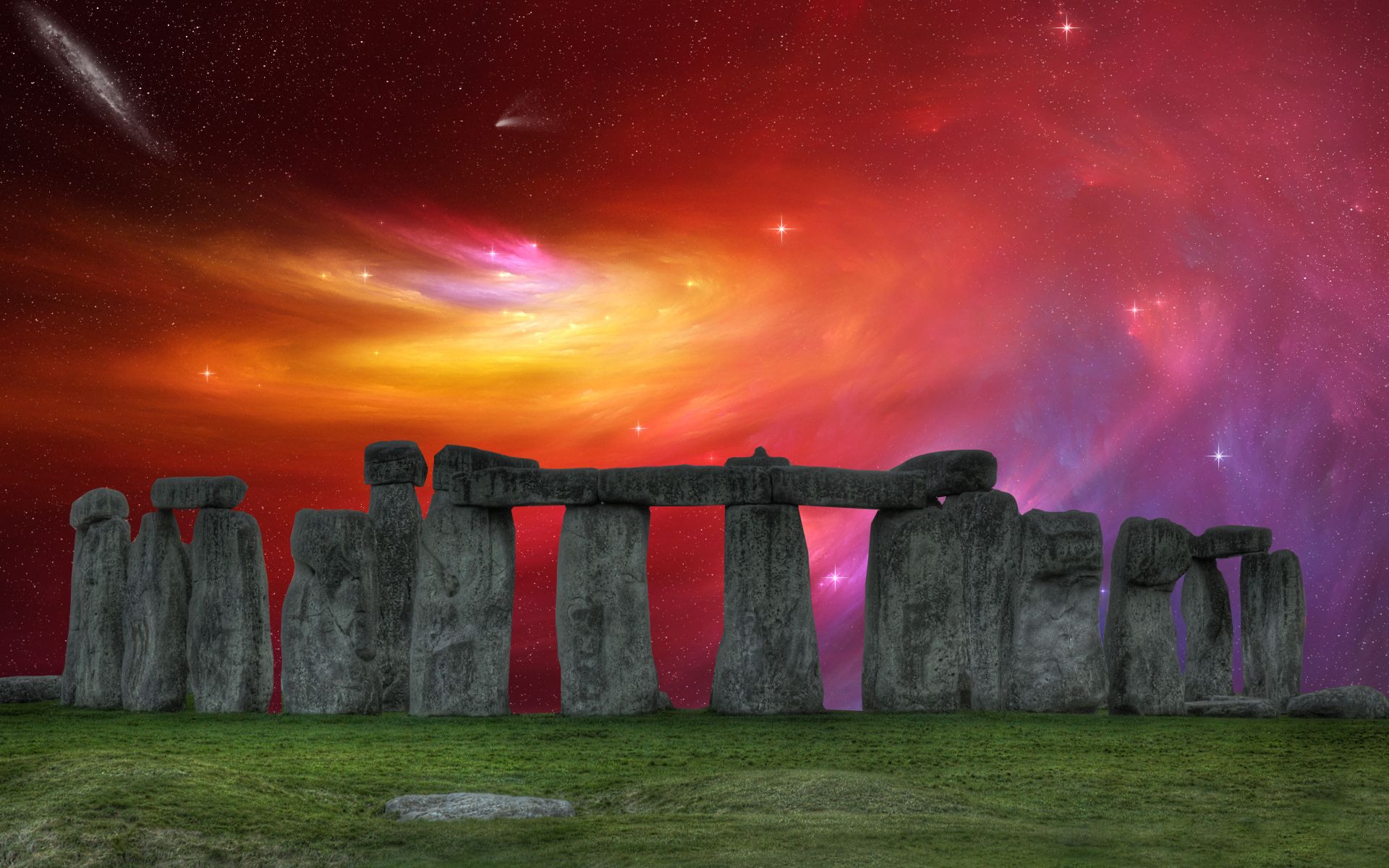 pink, stonehenge, man made, nebula, orange (color), sky, stars Smartphone Background