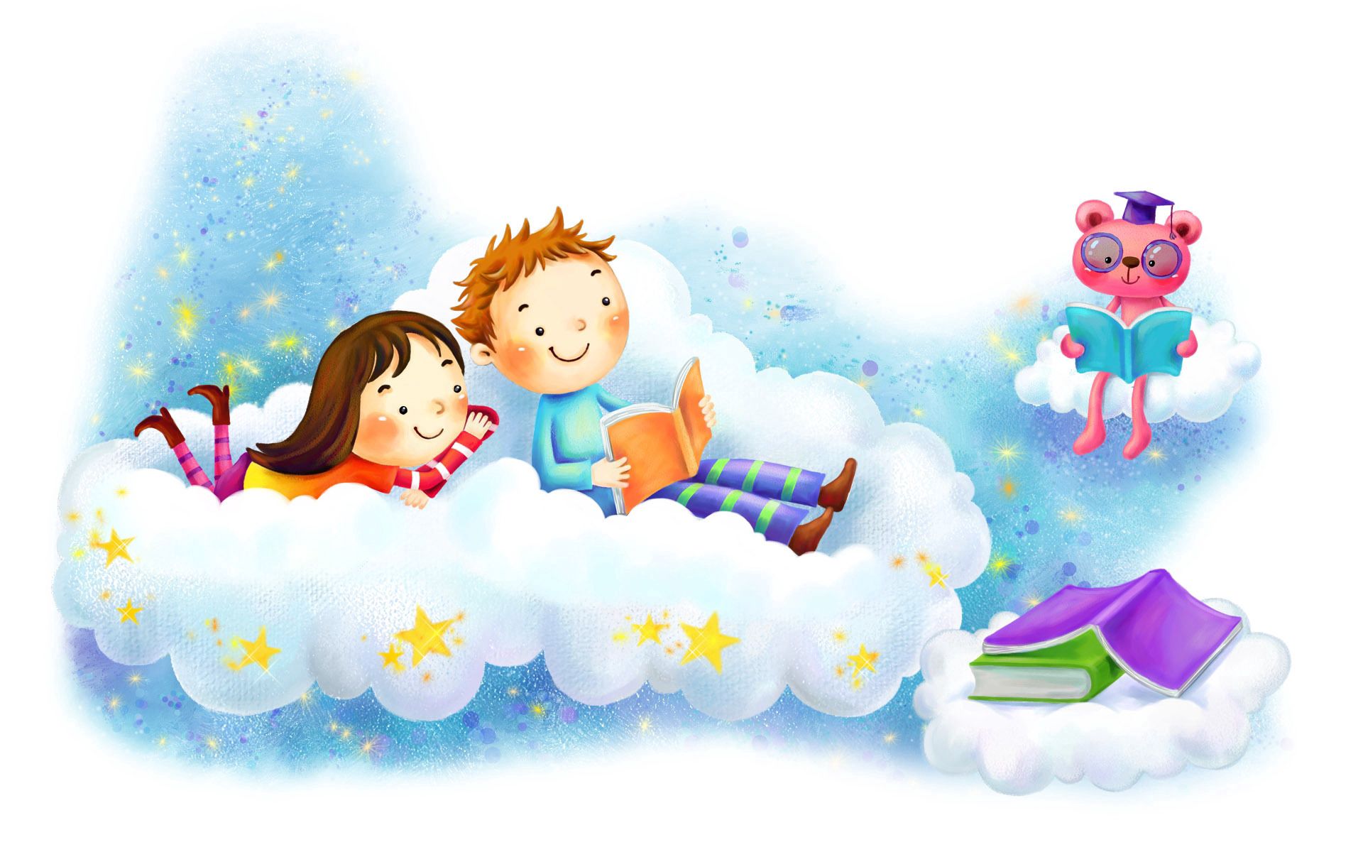 picture, books, drawing, smiles, fantasy, stars, love, smile, girl, cloud, boy