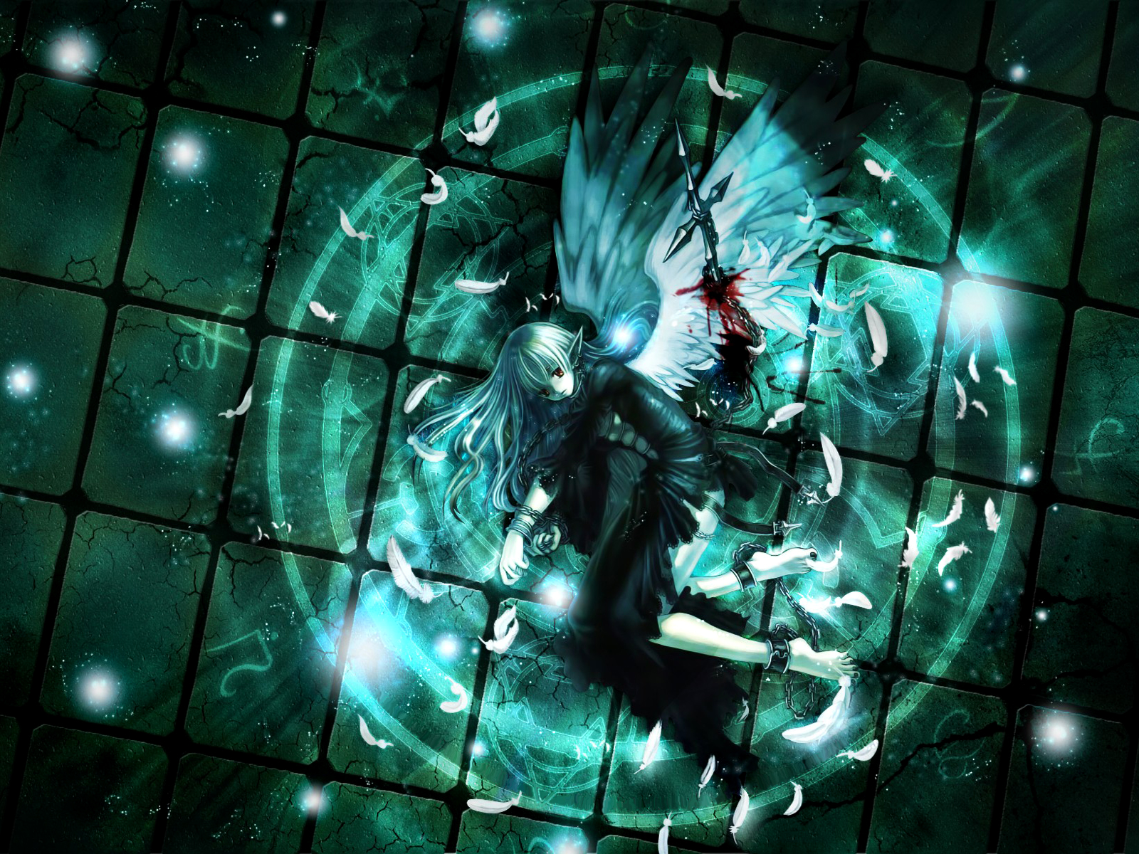 angel, wings, fallen angel, anime, white hair, feather High Definition image