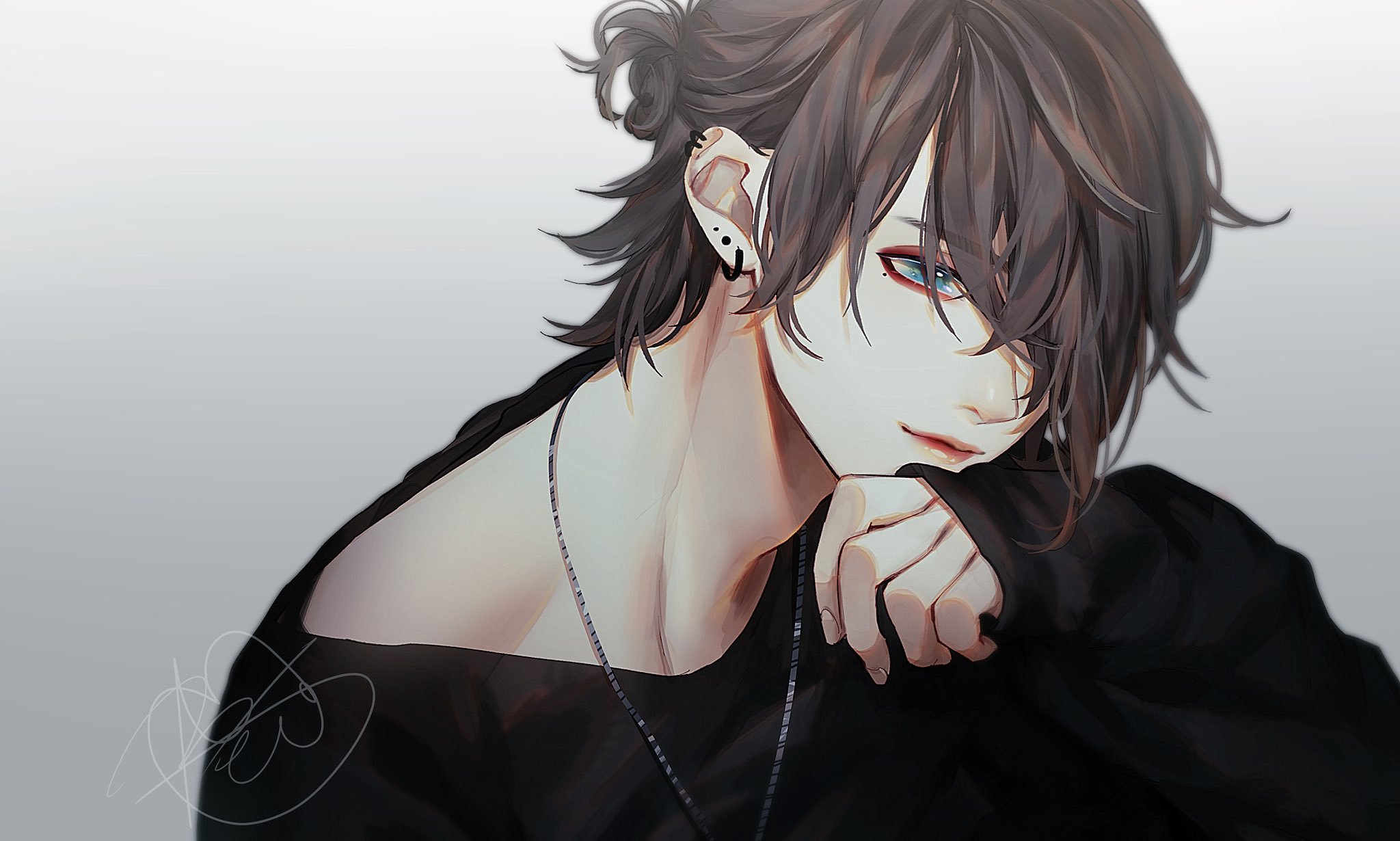 An anime boy that has black hair and blue eyes and h... | OpenArt