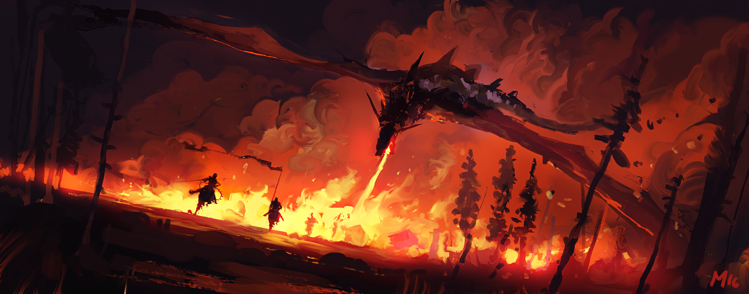 Download background fantasy, dragon, destruction, fire, rampage, warrior
