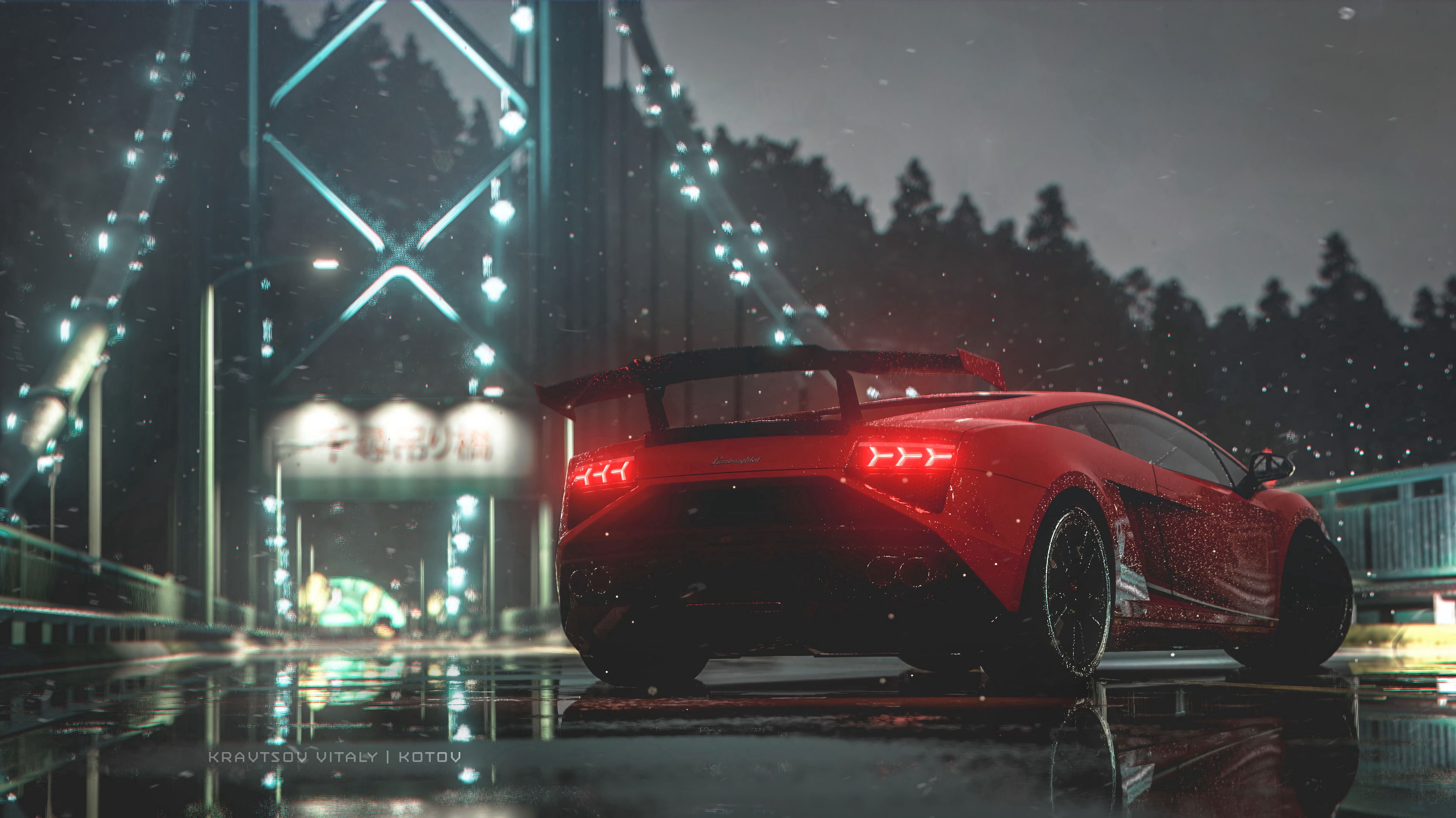 sports car, backlight, side view, cars, machine, sports, illumination, red, wet, car