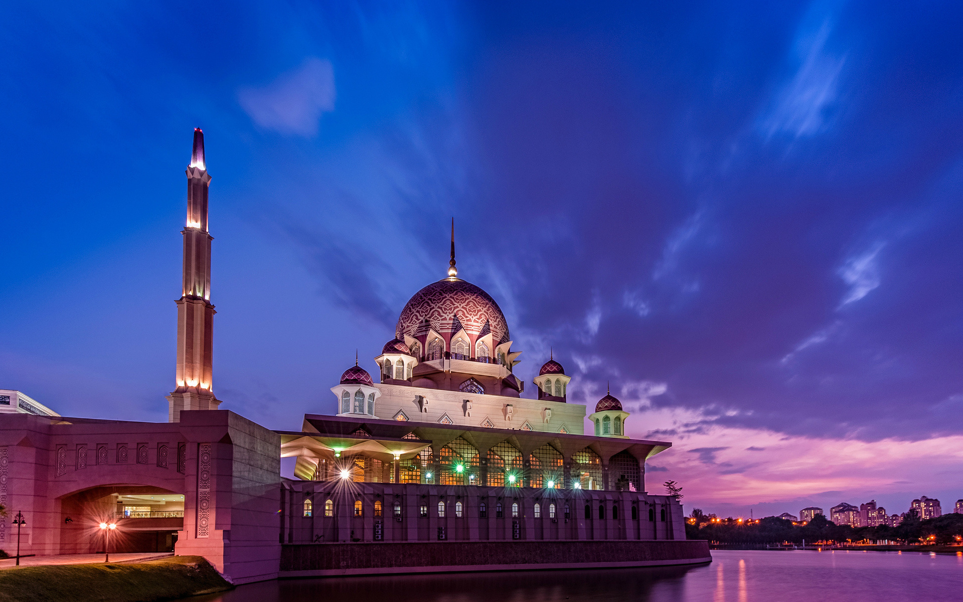mosque, indonesia, man made, building, night, putra mosque, putrajaya
