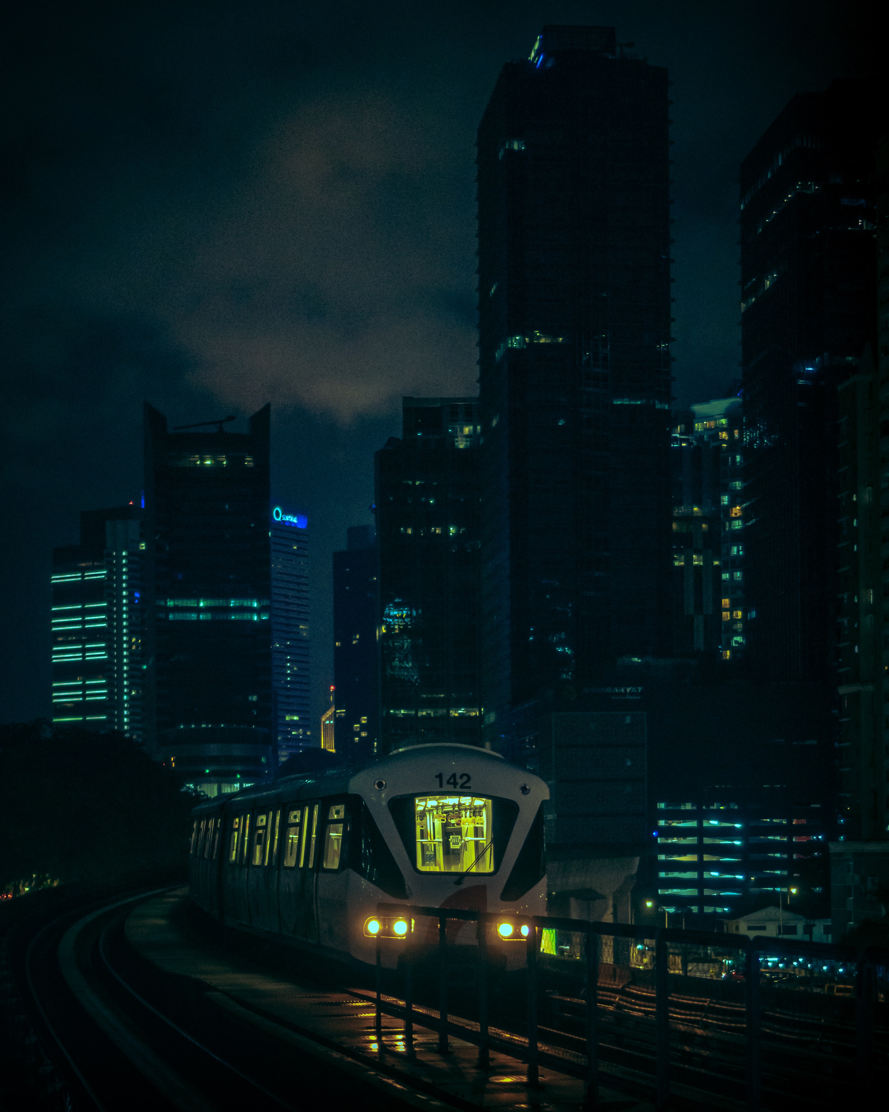 Download mobile wallpaper City, Building, Night, Train, Dark for free.