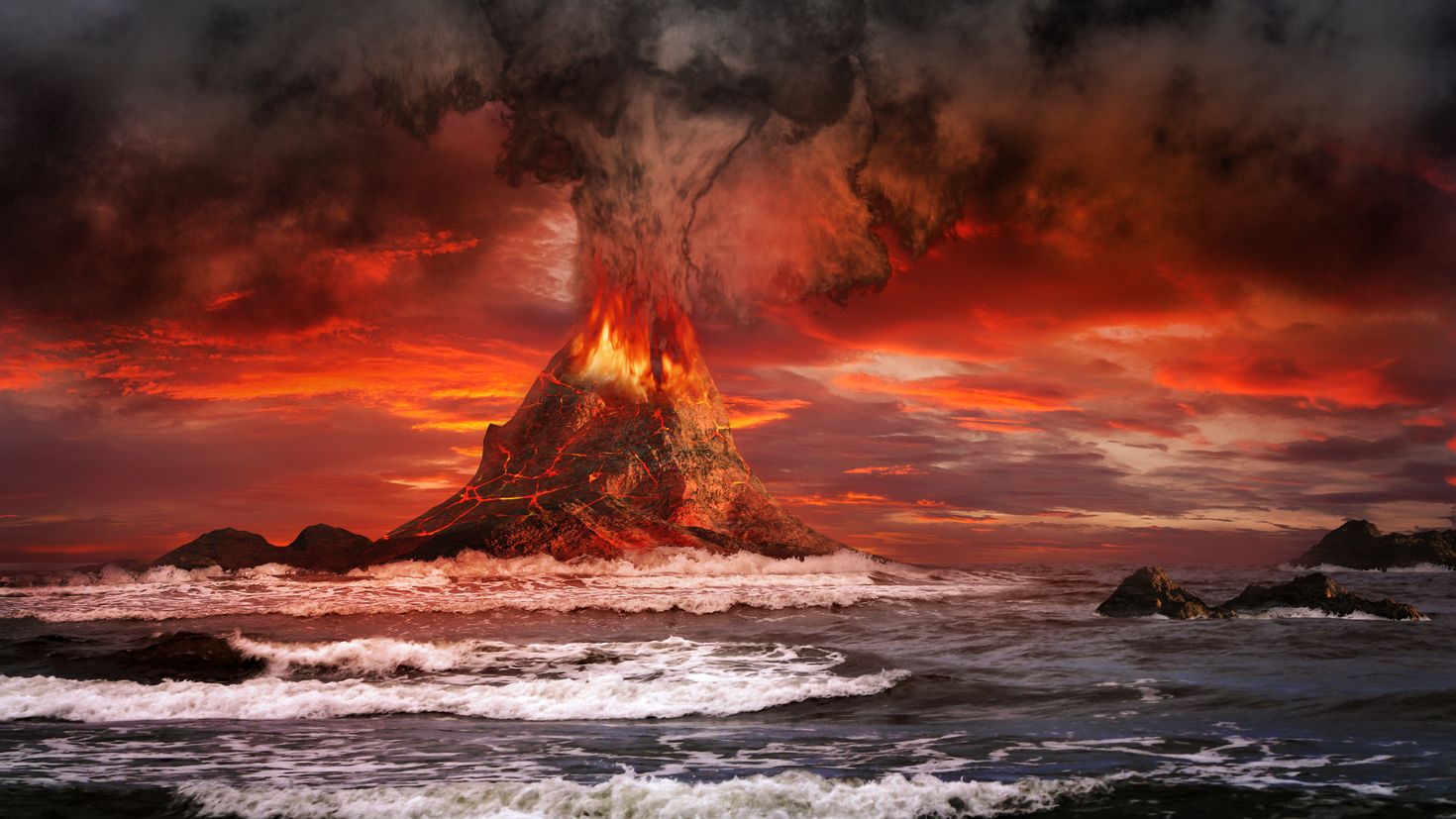 Шторм и море а огне. Архейская Эра. Архейская Эра вулканы. Архейская Эра Неоархей. Вулкан гора извергается.