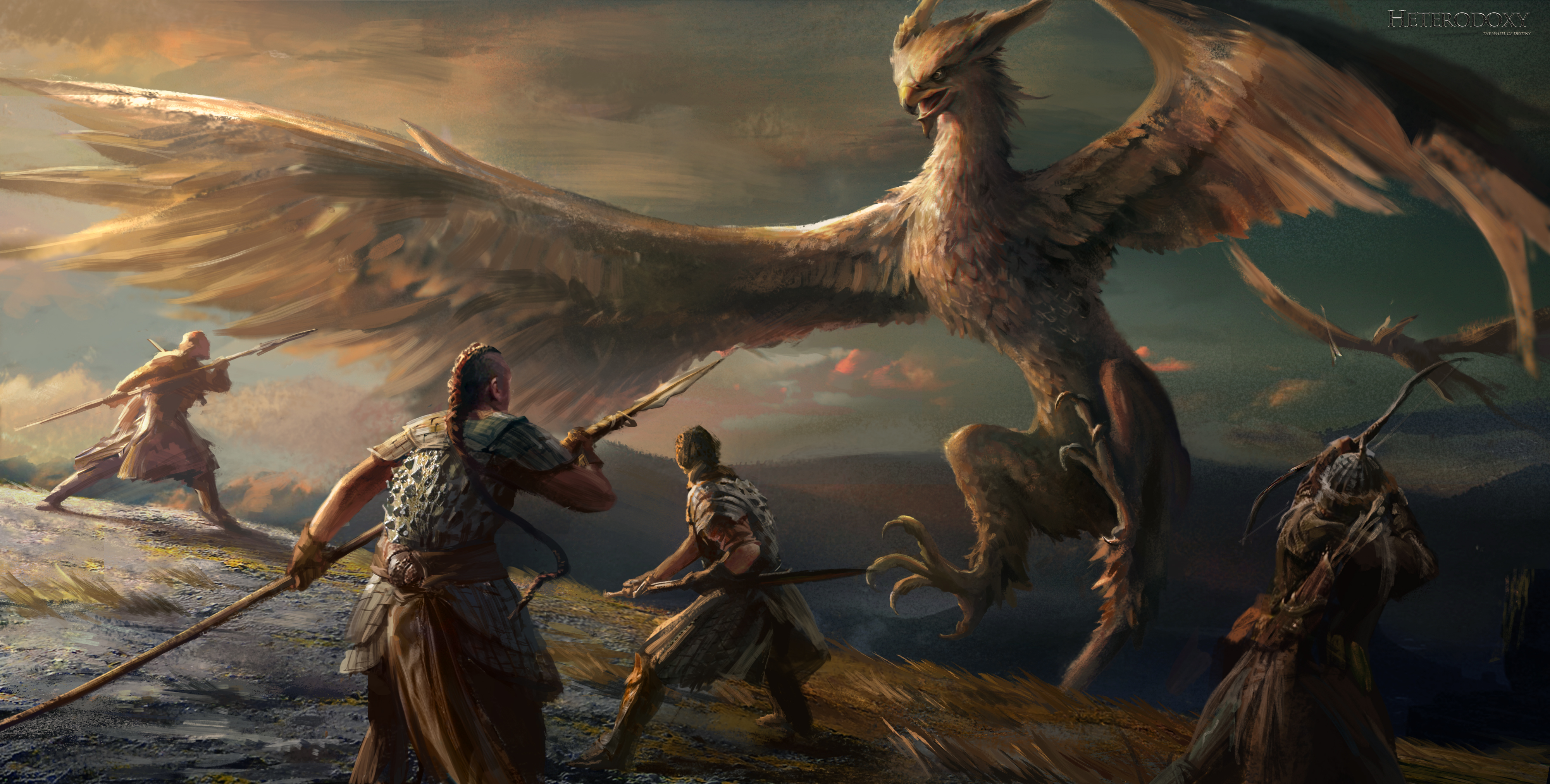 griffin, fantasy, creature, hunting, spear, warrior, wings, fantasy animals