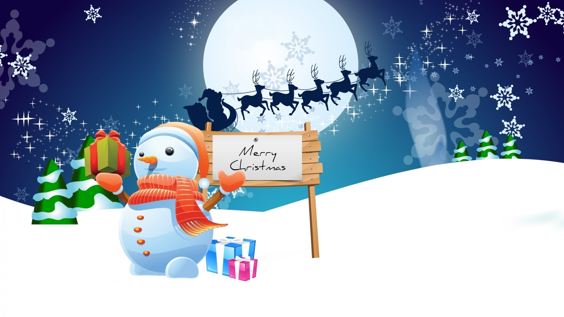 holiday, christmas, gift, merry christmas, moon, night, reindeer, santa claus, sleigh, snow, snowman, stars, tree