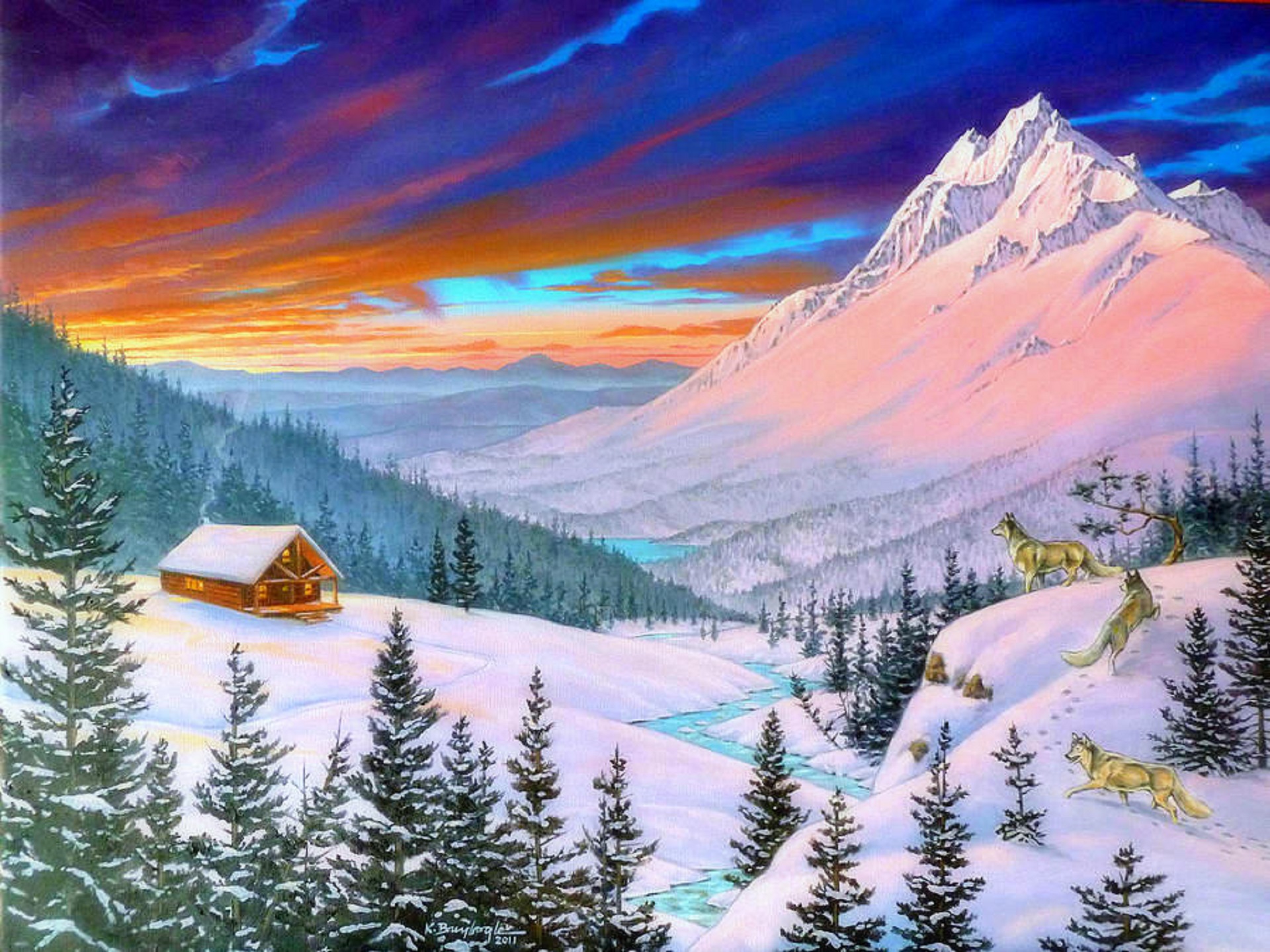 1501840 télécharger l'image artistique, hiver, cabine, montagne, peinture, neiger, loup - fonds d'écran et économiseurs d'écran gratuits