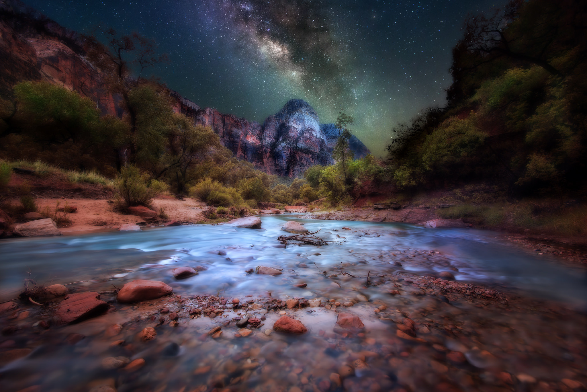 zion national park, earth, cliff, milky way, mountain, nature, night, river, stars, stone, utah, national park
