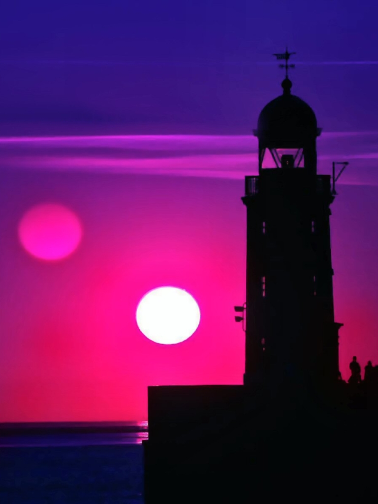 photography, sunset, magenta, blue, horizon, sun, lighthouse, sky, sea