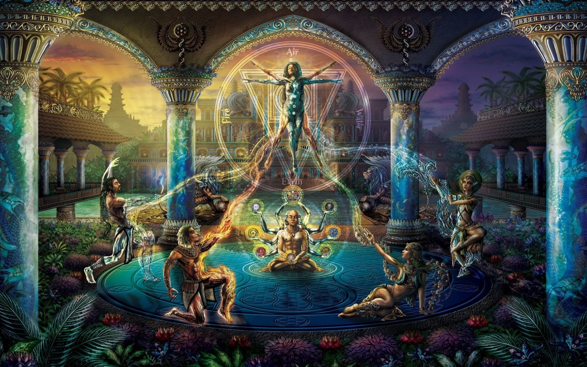 meditation, magic, fantasy, elemental, fire, people, temple, water