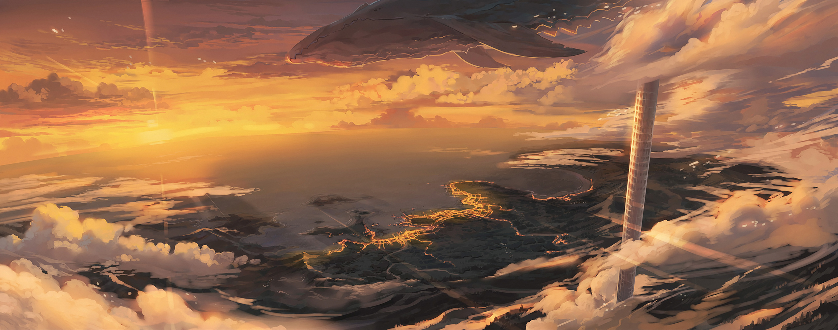 coastline, whale, horizon, anime, original, cloud, sky, sunrise
