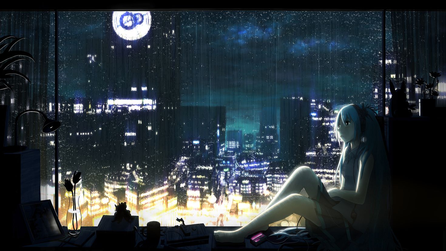 Девушка на фоне ночного города арт