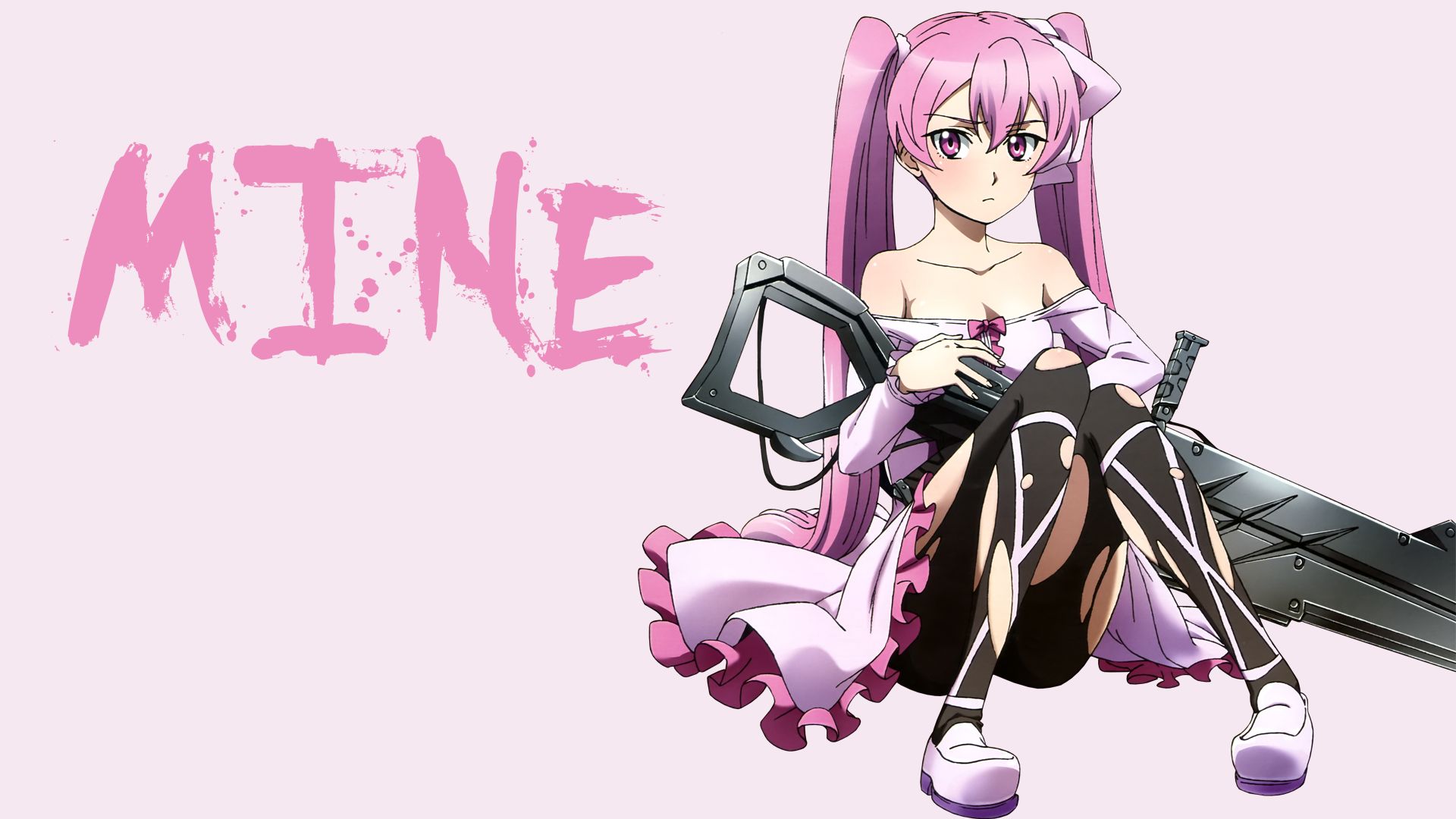 anime, akame ga kill!, blush, dress, gun, long hair, mine (akame ga kill!), pantyhose, pink dress, pink eyes, pink hair, twintails, weapon Smartphone Background