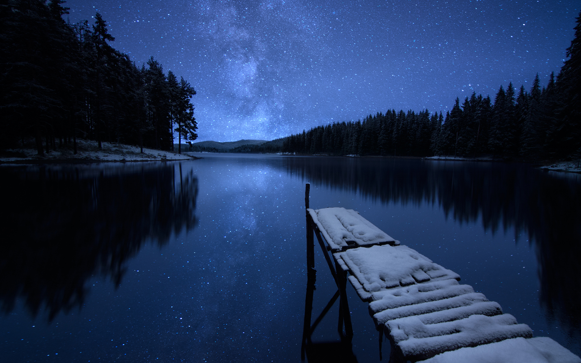 night, winter, earth, lake, dock, nature, reflection, sky, snow, starry sky, lakes Full HD