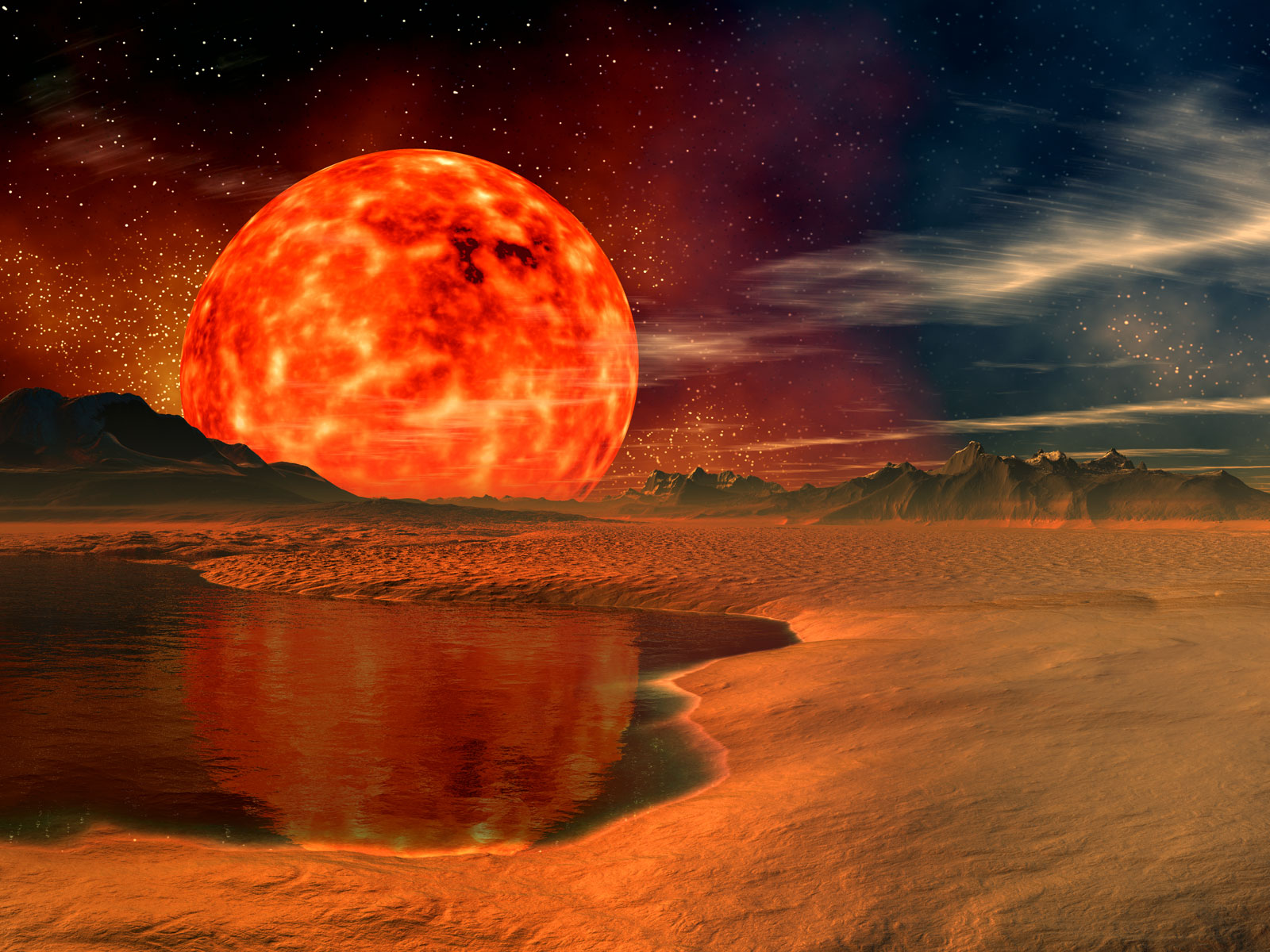 Download mobile wallpaper Desert, Cgi, Planet, Orange (Color), Lake, Sci Fi, Landscape for free.