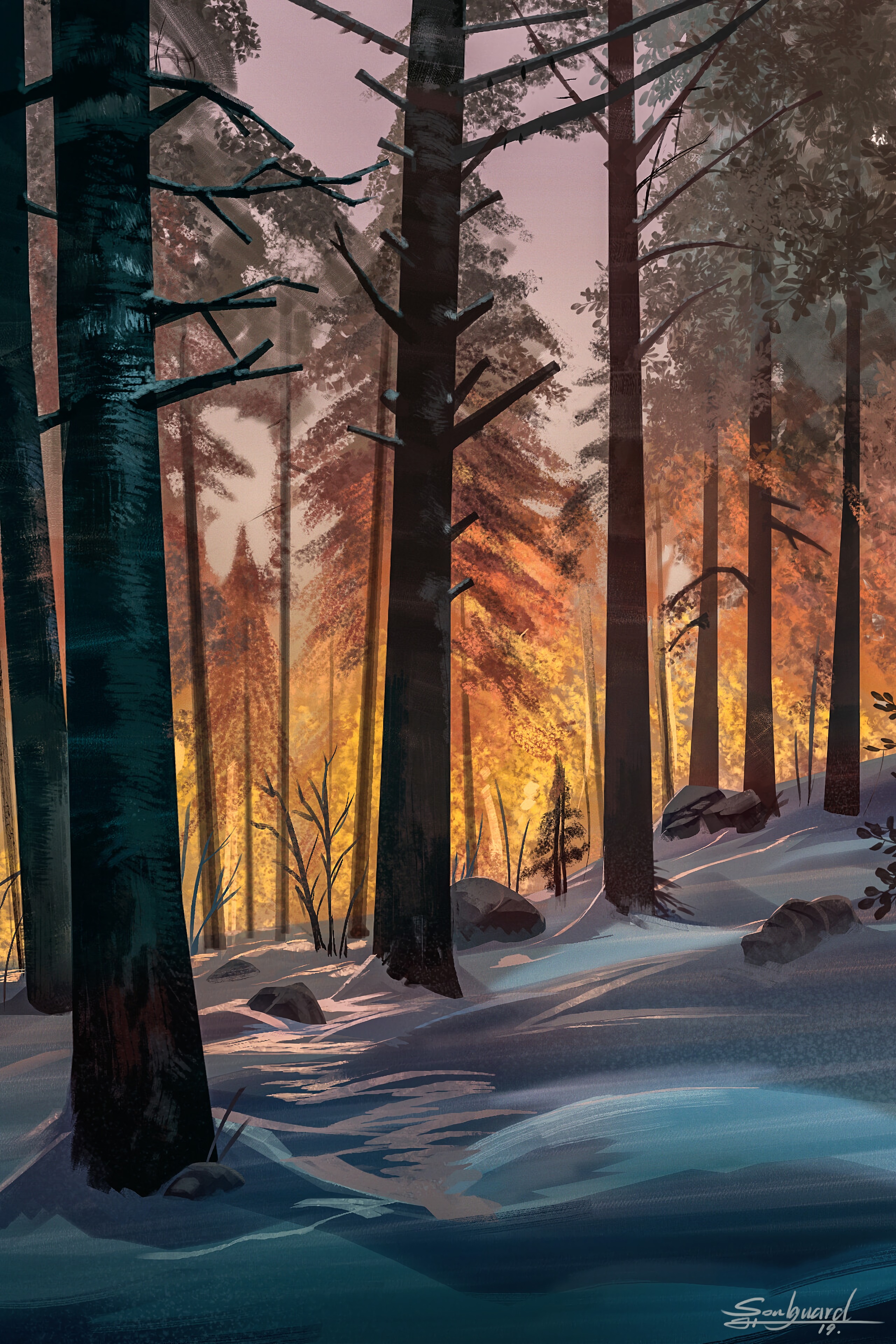 Handy-Wallpaper Bäume, Schnee, Wald, Kunst, Landschaft kostenlos herunterladen.
