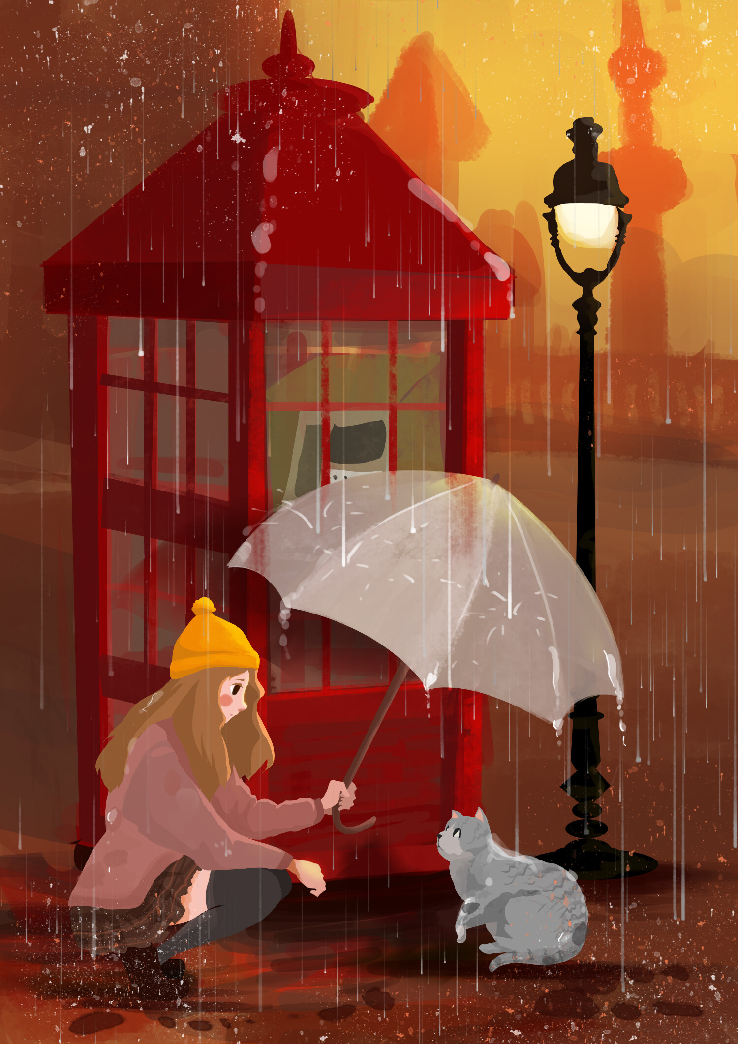 art, umbrella, girl, rain, cat wallpaper for mobile