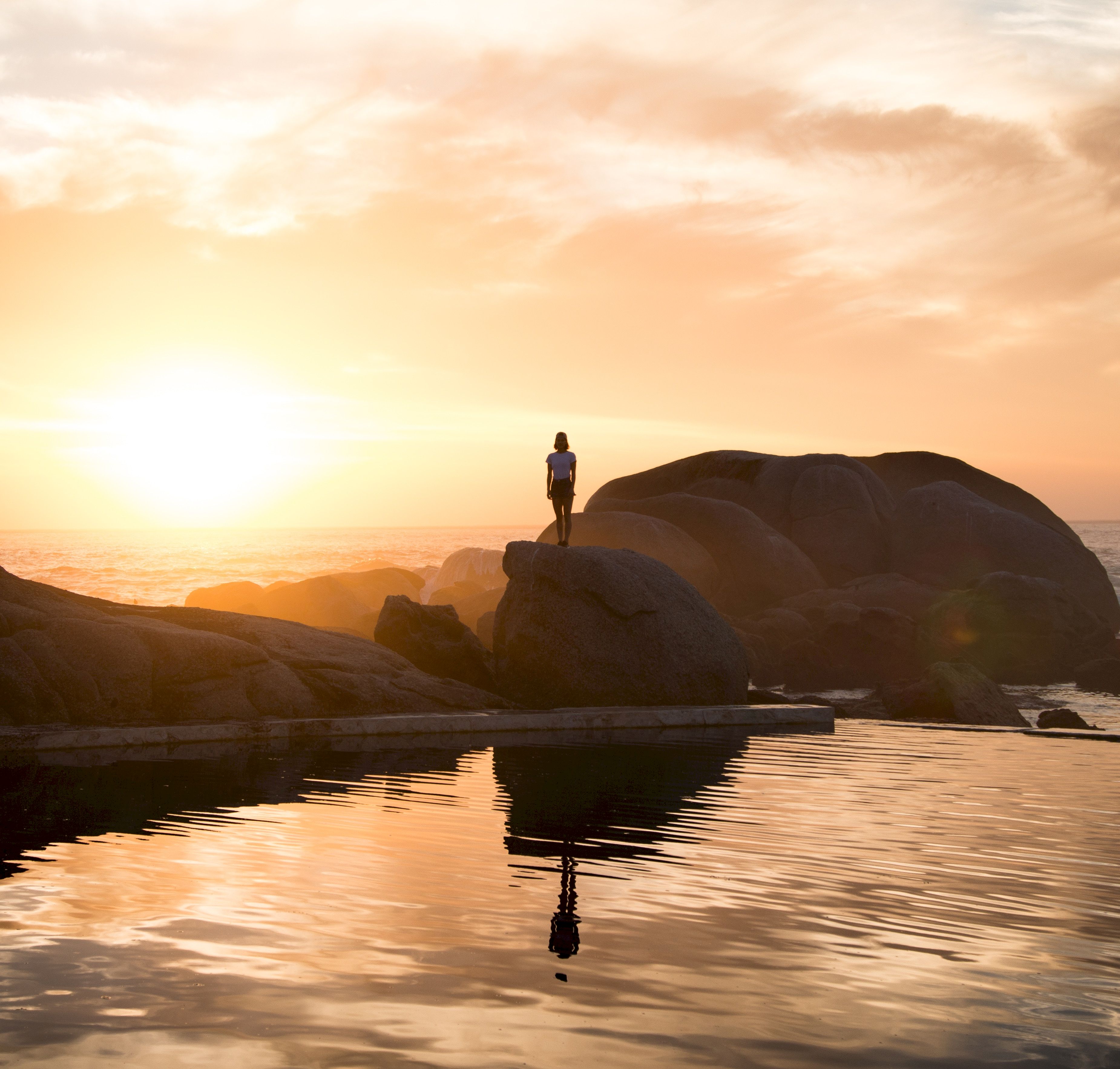Laden Sie das Felsen, Silhouette, Wasser, Sunset, Die Steine, Natur, Südafrika-Bild kostenlos auf Ihren PC-Desktop herunter