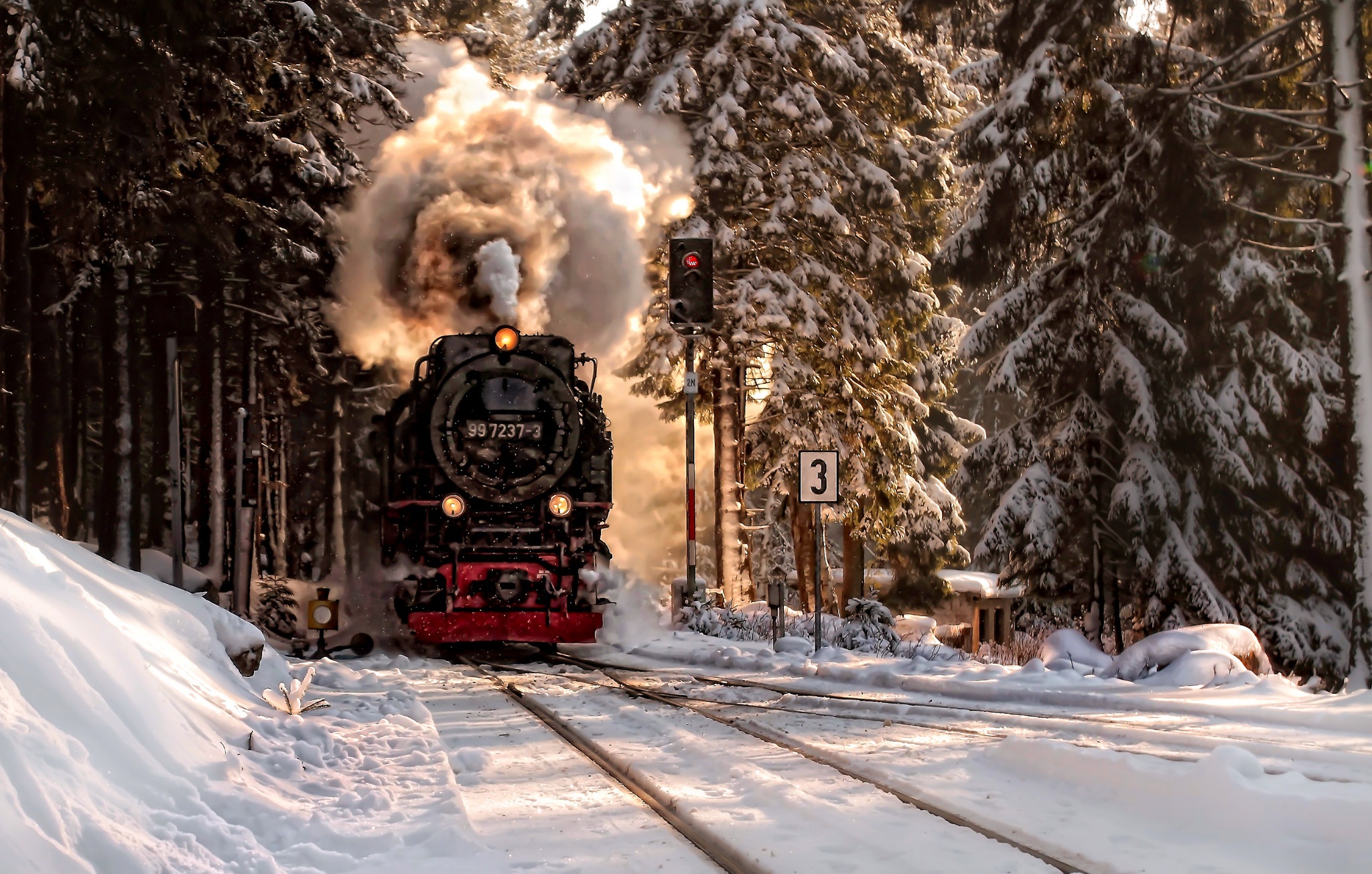 vehicles, train, locomotive, smoke, snow, winter