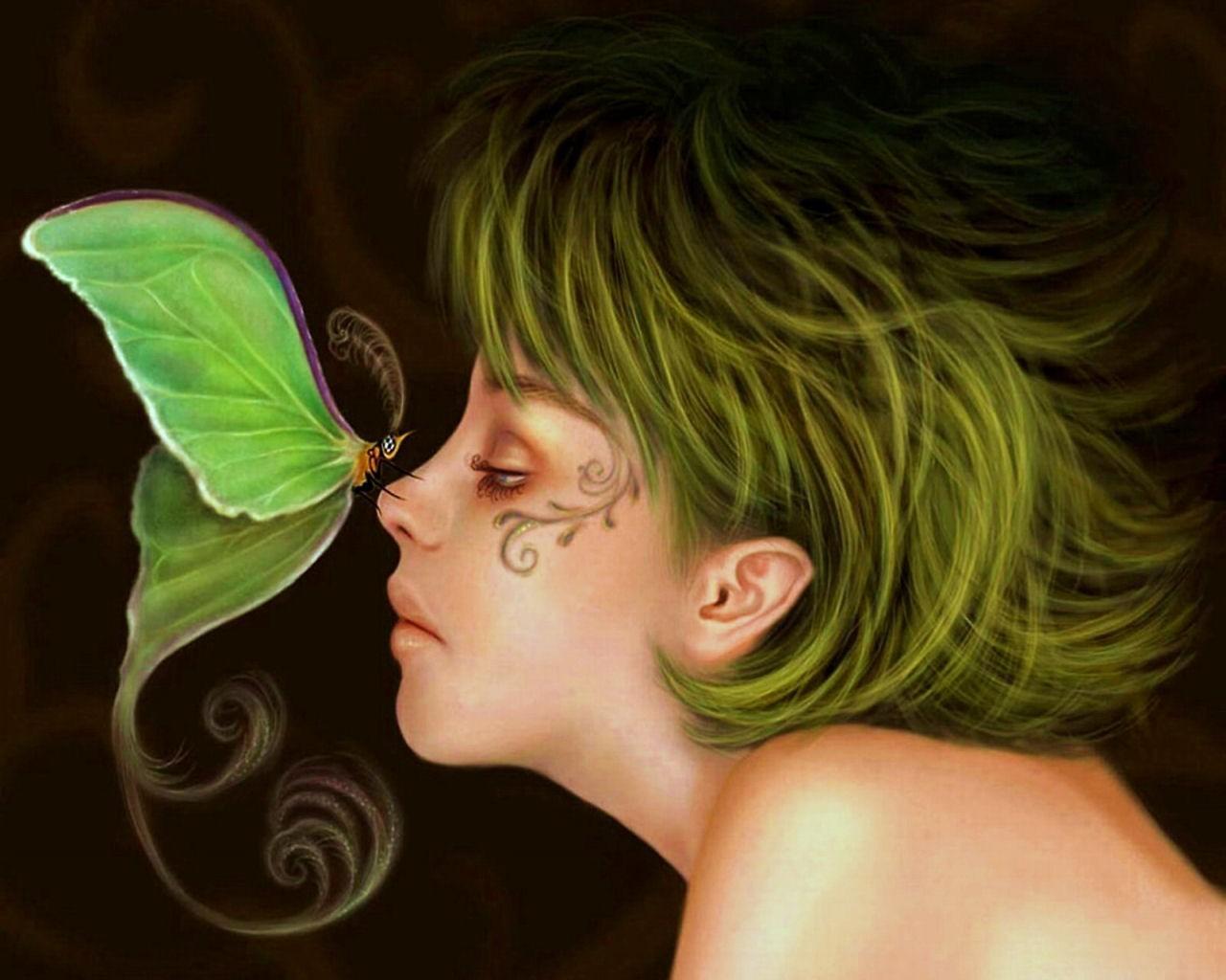fantasy, women, green, moth wallpaper for mobile