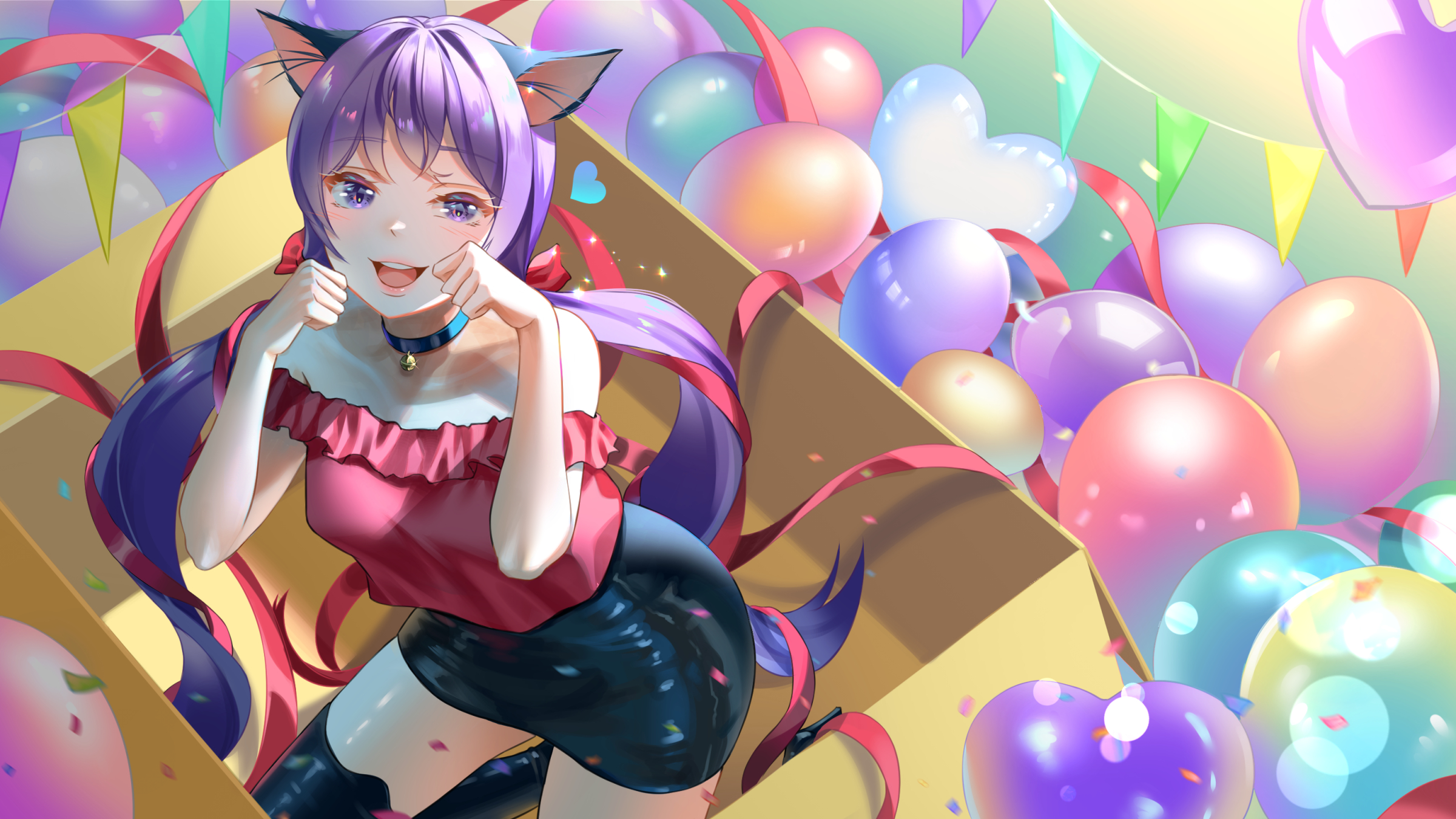 Download mobile wallpaper Anime, Balloon, Girl, Skirt, Long Hair, Purple Eyes, Cat Girl, Purple Hair, Animal Ears for free.