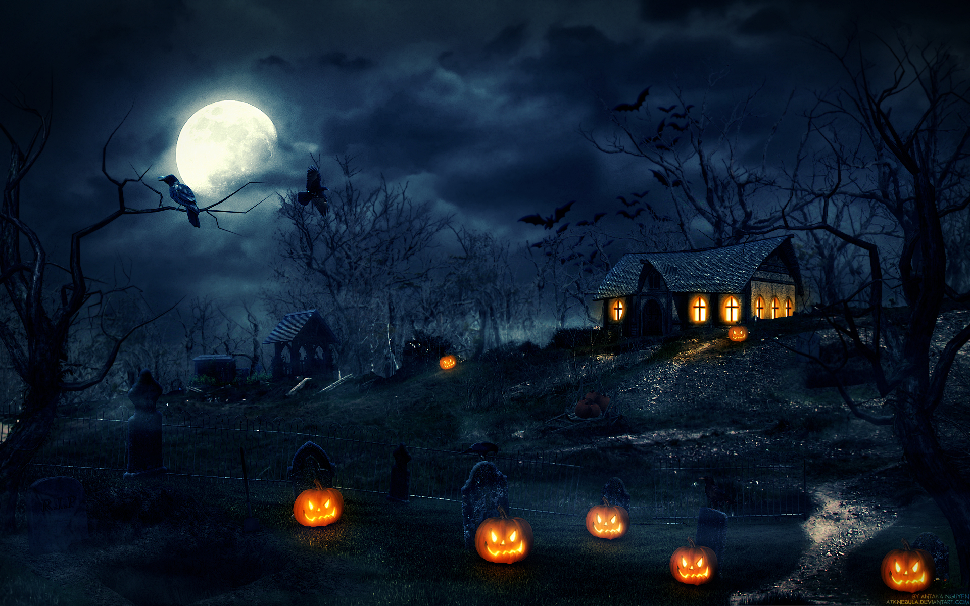 Download mobile wallpaper Halloween, Night, Holiday, House, Street, Jack O' Lantern for free.