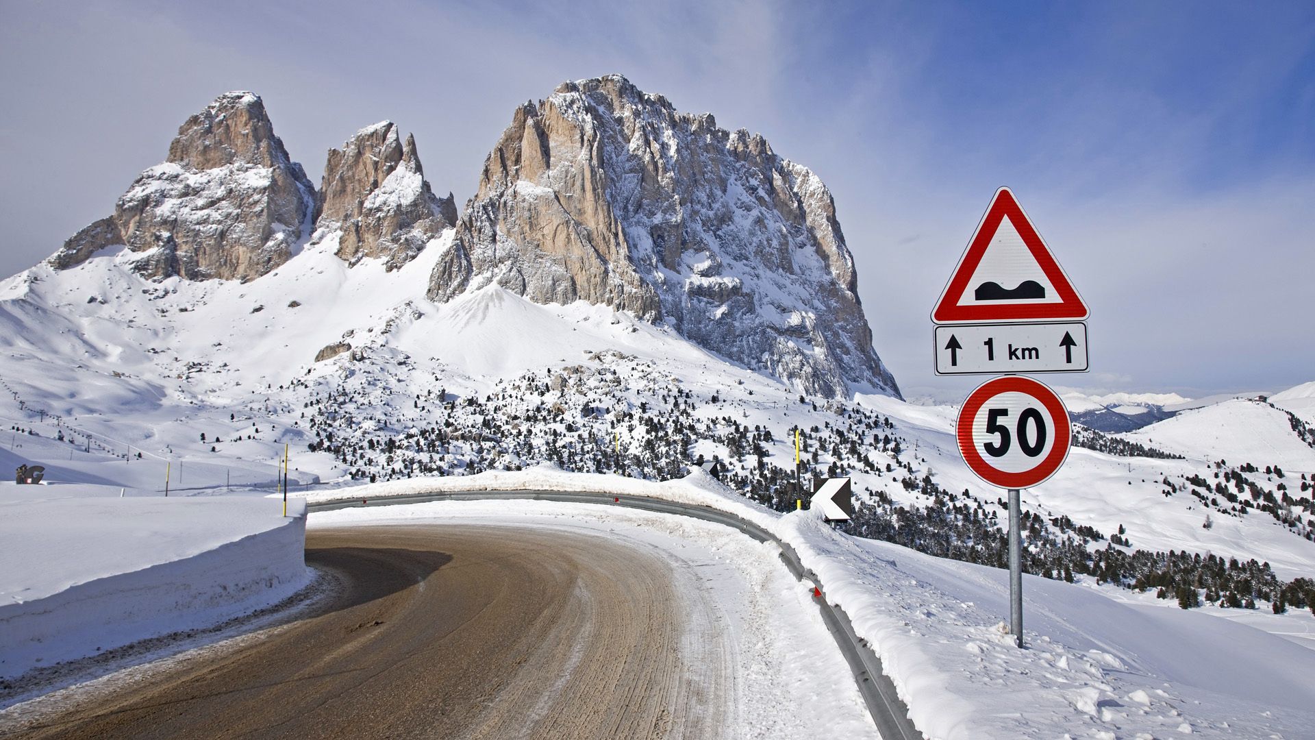 winter, nature, mountains, snow, road, turn, sign, limitation, restriction, fifty, 50