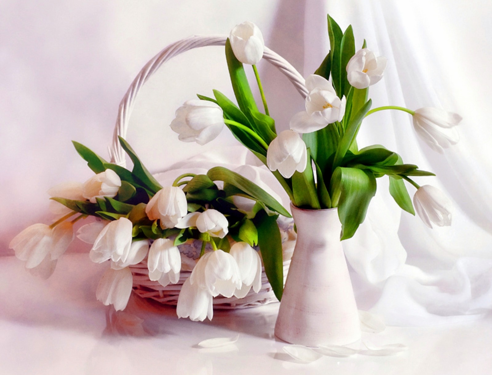 petals, flowers, tenderness, tulips, vase, basket Full HD