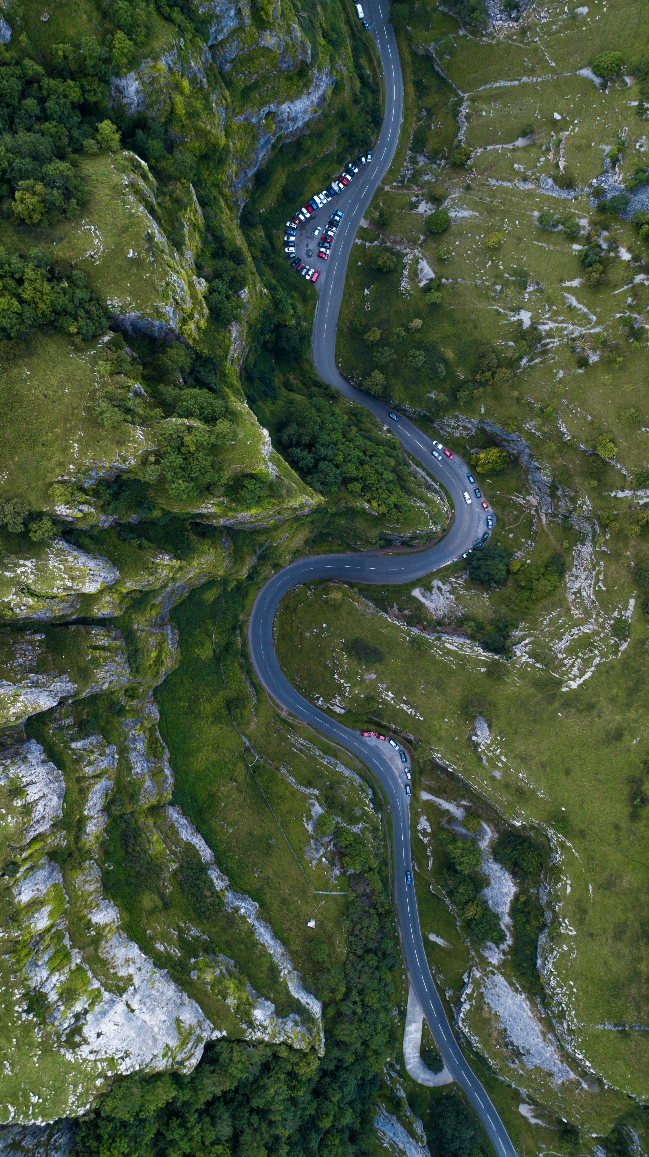 united kingdom, mountains, nature, great britain, cars, view from above, road, winding, sinuous, cheddar mobile wallpaper