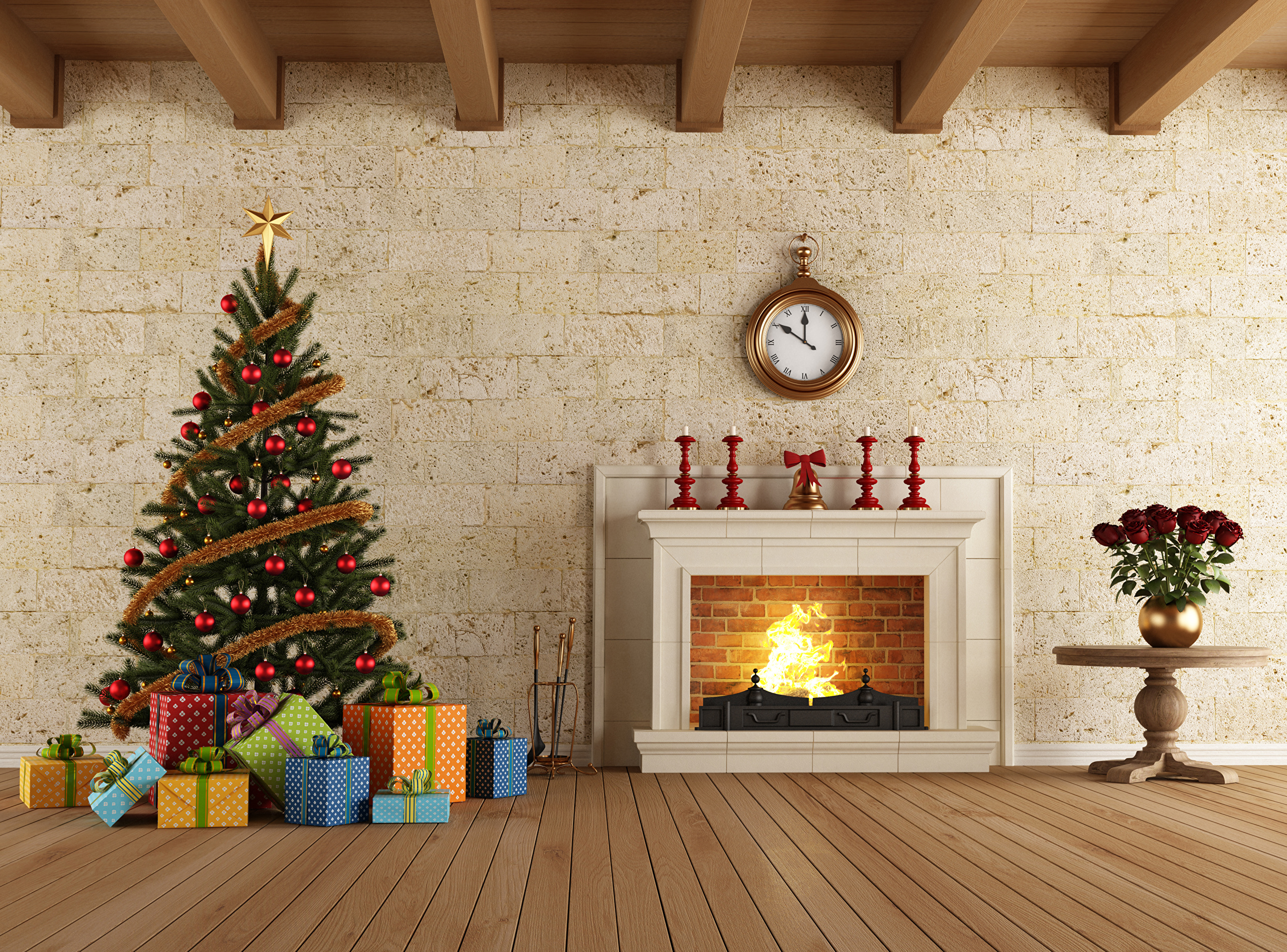 holiday, christmas, chimney, christmas tree, fireplace, gift