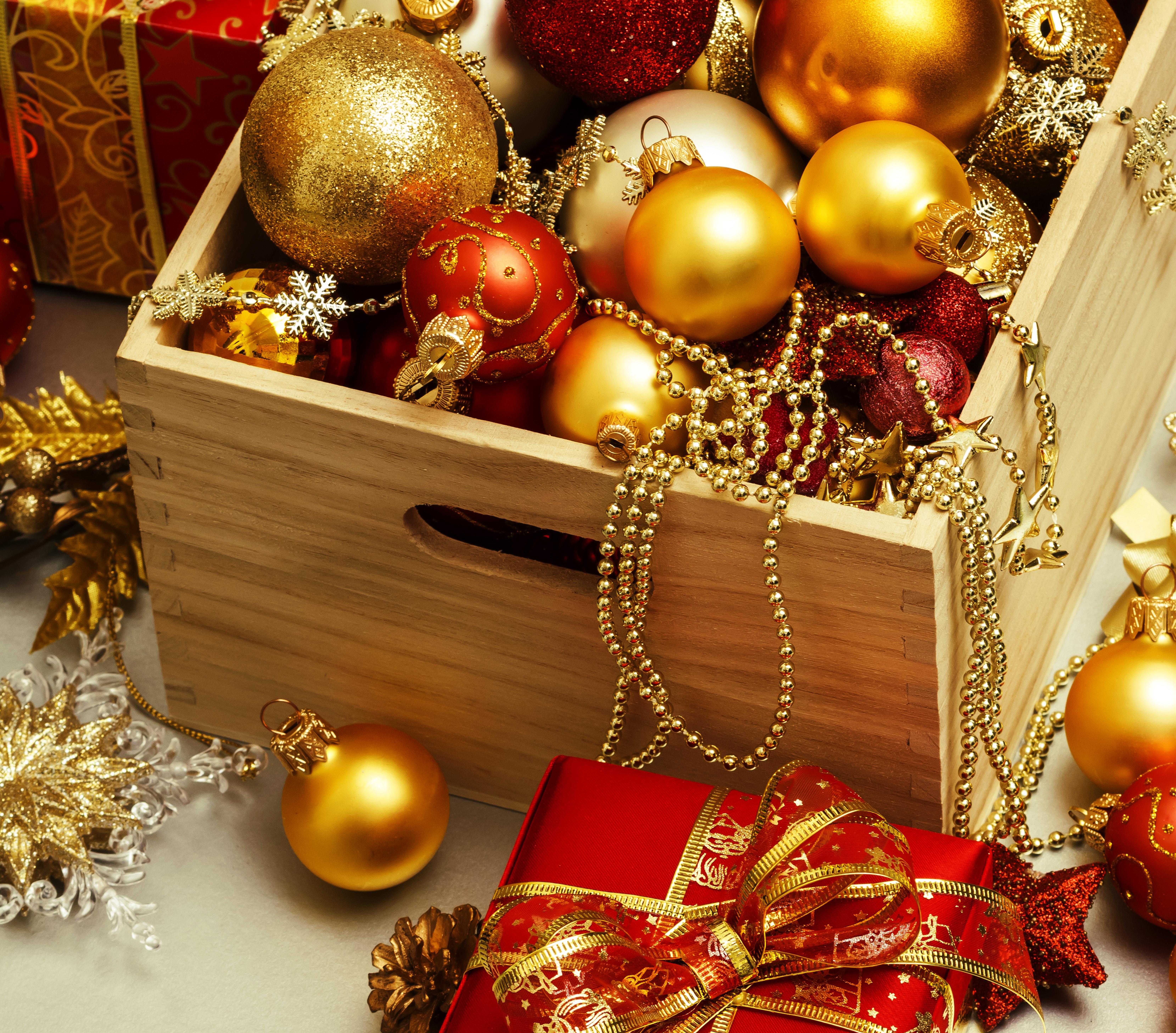 box, holiday, christmas, christmas ornaments, ribbon