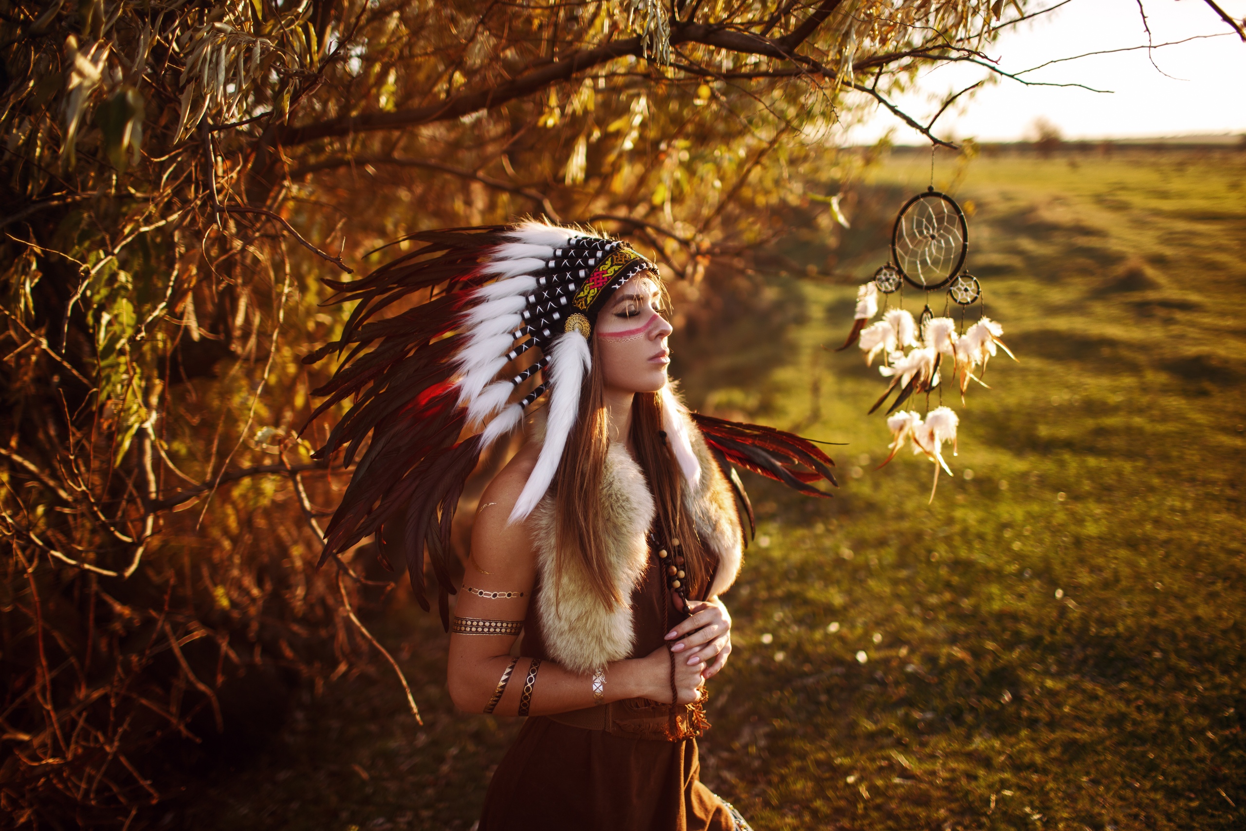 women, native american, dreamcatcher, feather, headband, model, redhead